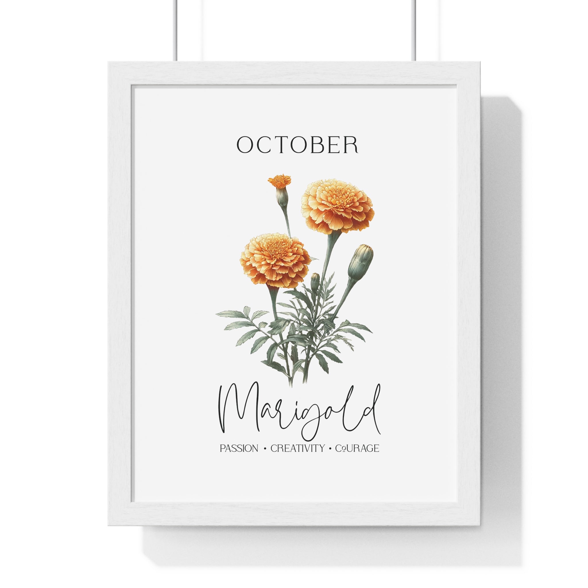 October Birth Month Flower Wall Art – Marigold Illustration in Wooden Frame | Passion, Creativity & Courage