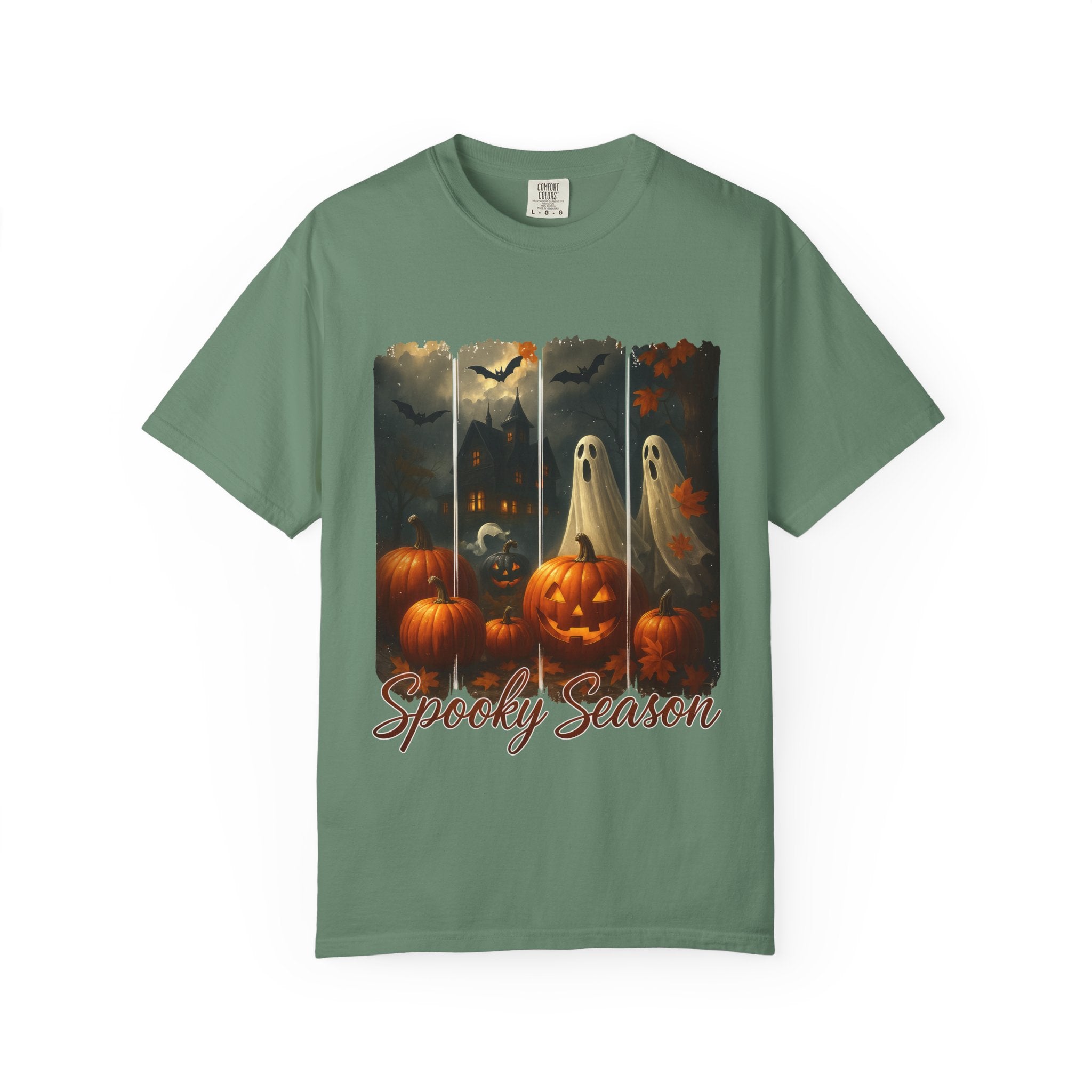 Spooky Season Unisex Halloween T-Shirt – Haunted House, Pumpkins & Ghosts Fall Design