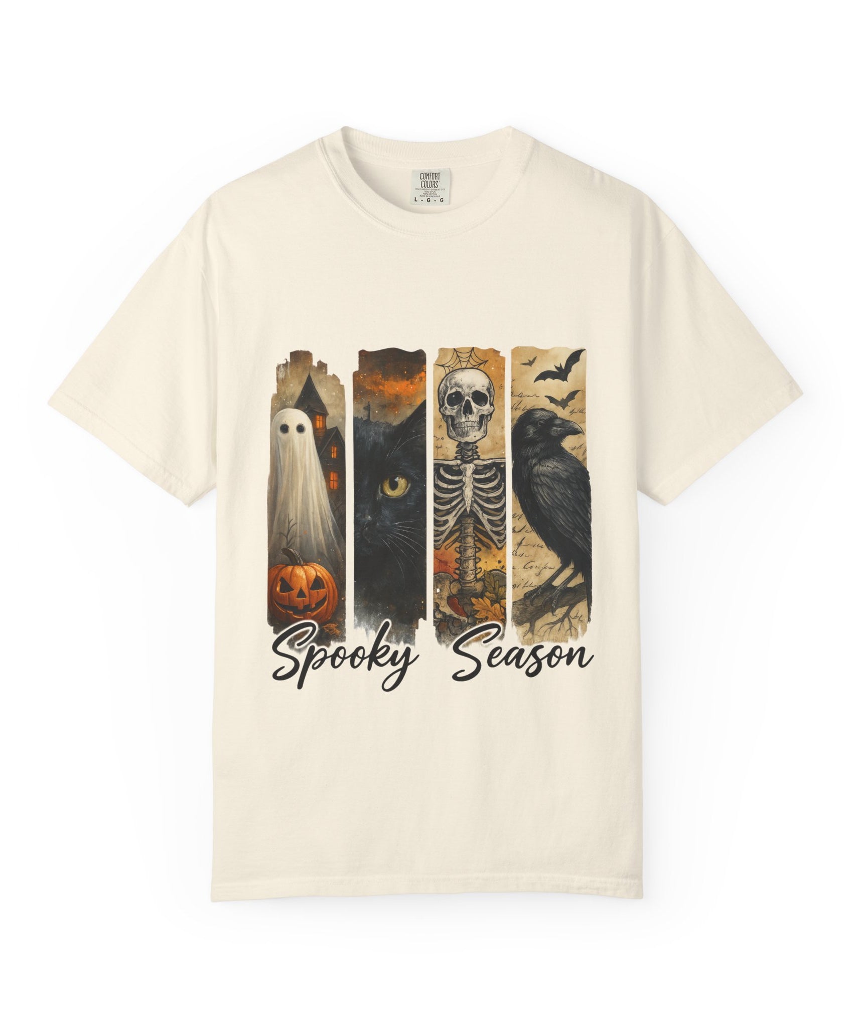 Spooky Season Gothic Halloween T-Shirt – Ghost, Black Cat, Skeleton & Raven Design - Gallory Hive