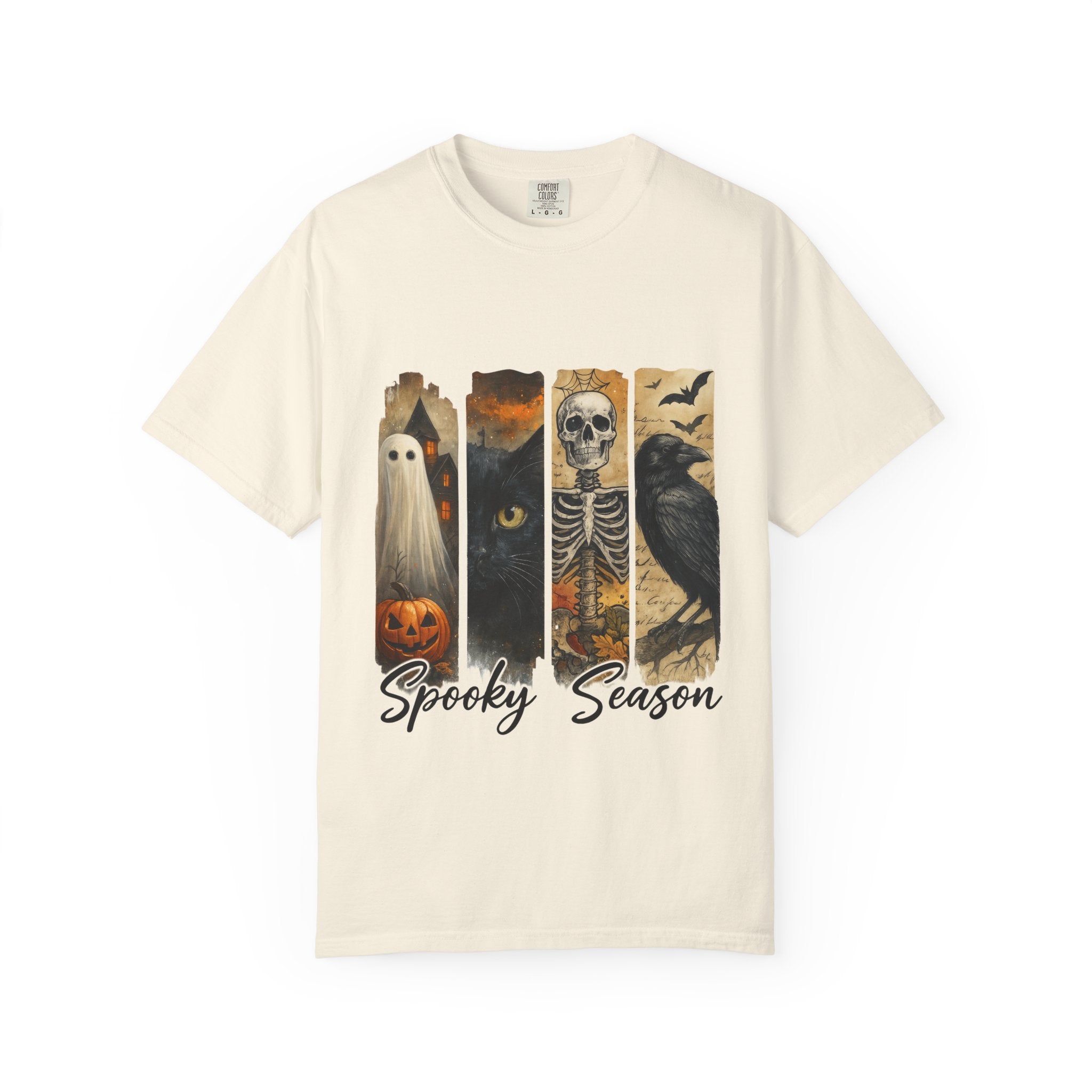 Spooky Season Gothic Halloween T-Shirt – Ghost, Black Cat, Skeleton & Raven Design