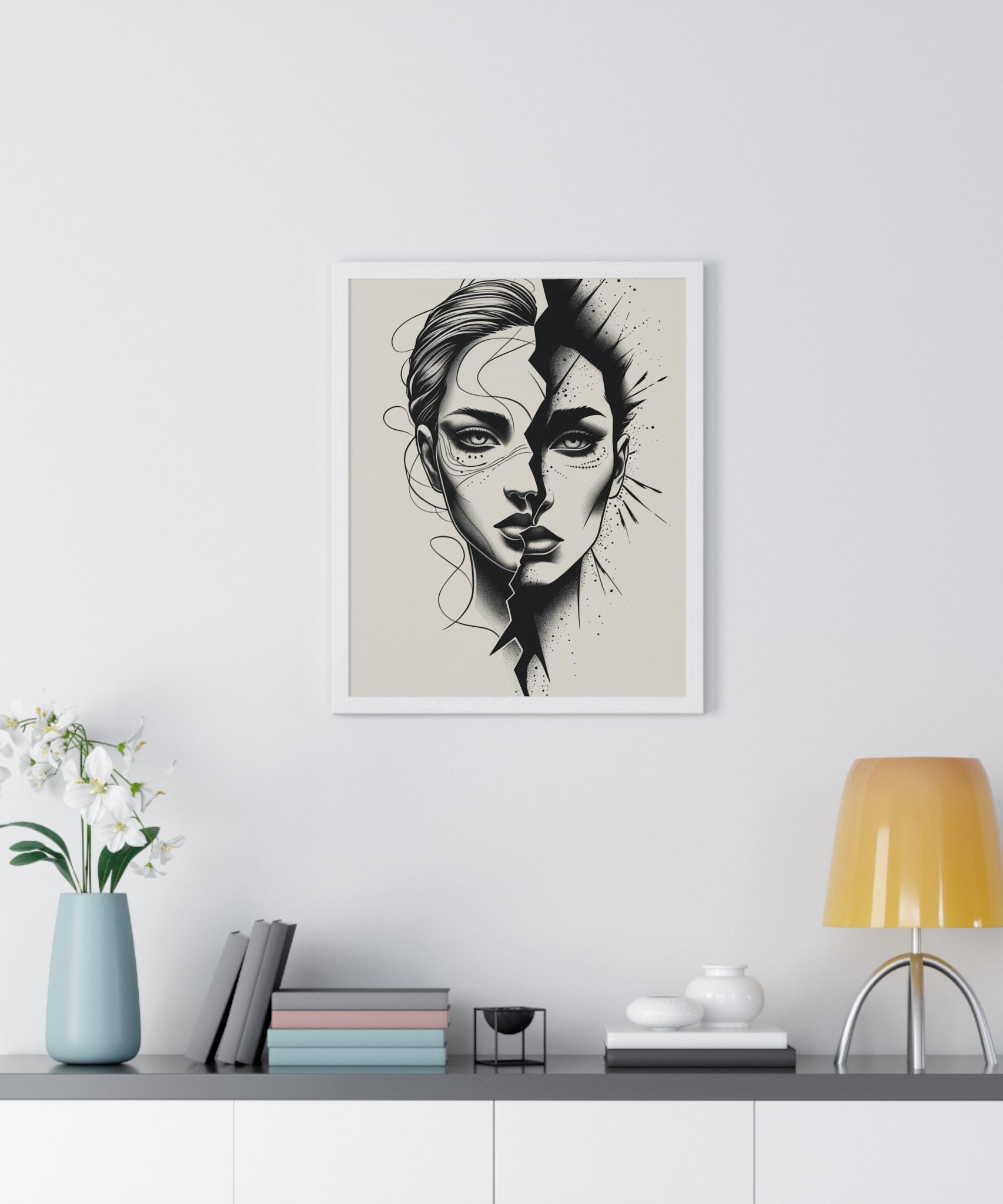 Framed Art Print, Modern Wall Decor, Home Office Gift, Minimalist Split Face Poster, Stylish Artwork - Gallory Hive