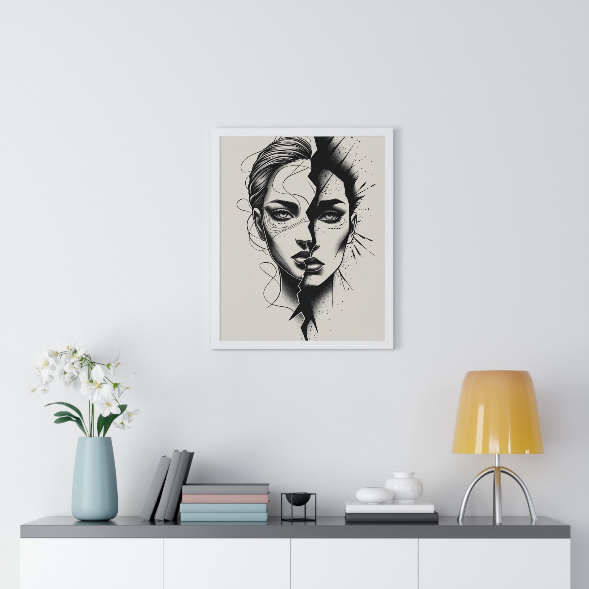 Framed Art Print, Modern Wall Decor, Home Office Gift, Minimalist Split Face Poster, Stylish Artwork