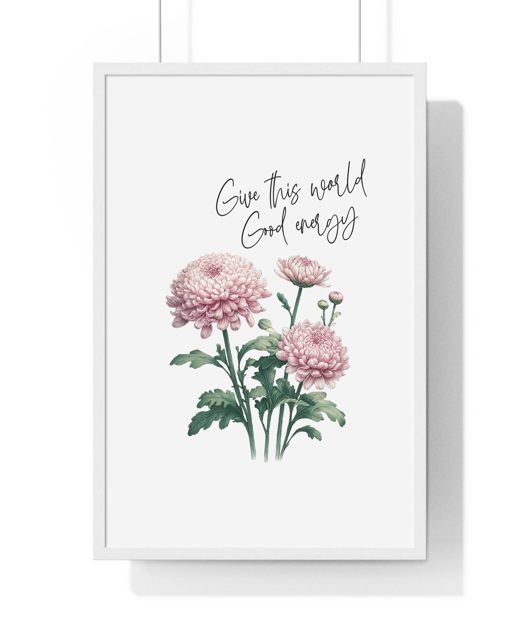 November Birth Month Flower Wall Art – Chrysanthemum Illustration with Inspirational Quote in Wooden Frame | Good Energy & Joy