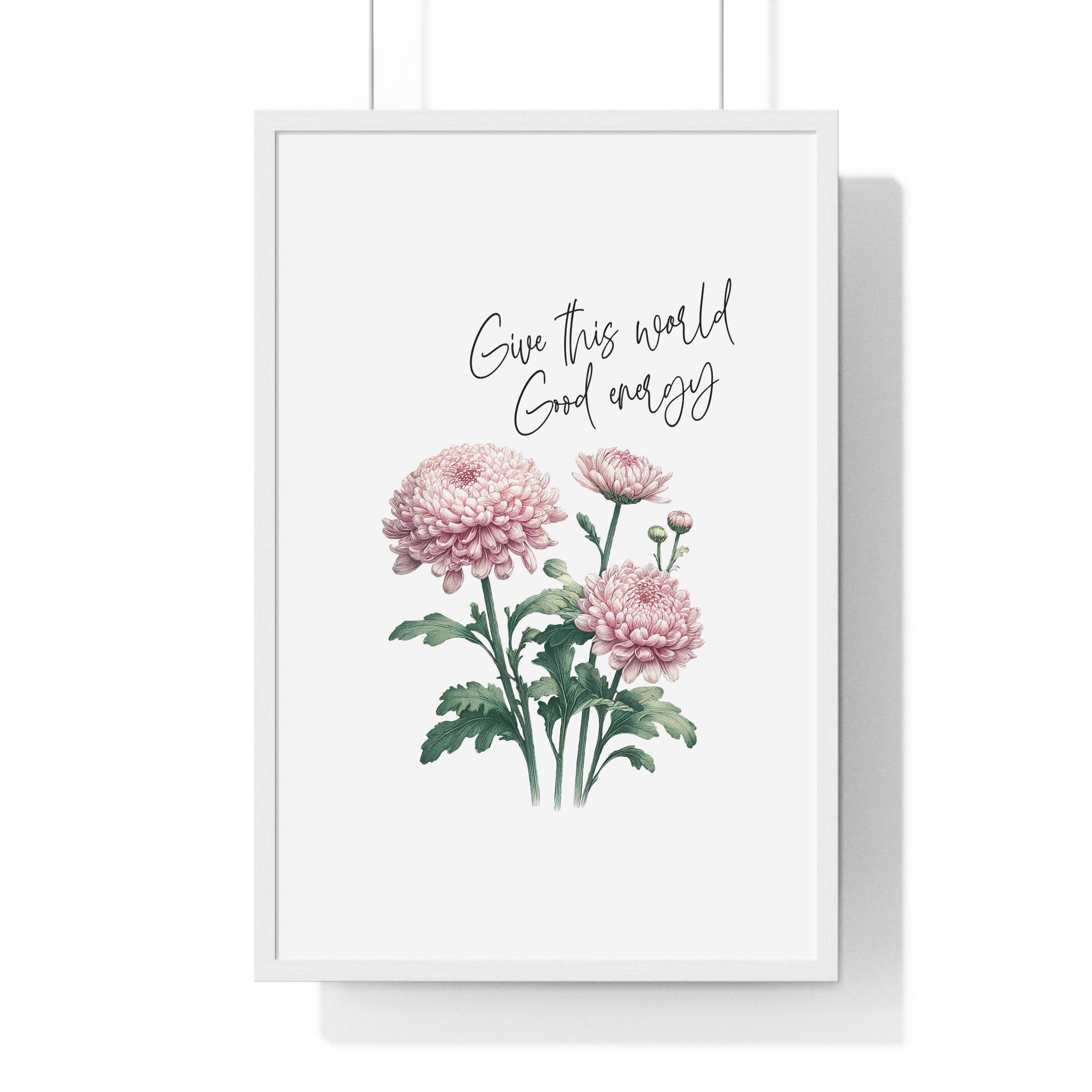 November Birth Month Flower Wall Art – Chrysanthemum Illustration with Inspirational Quote in Wooden Frame | Good Energy & Joy