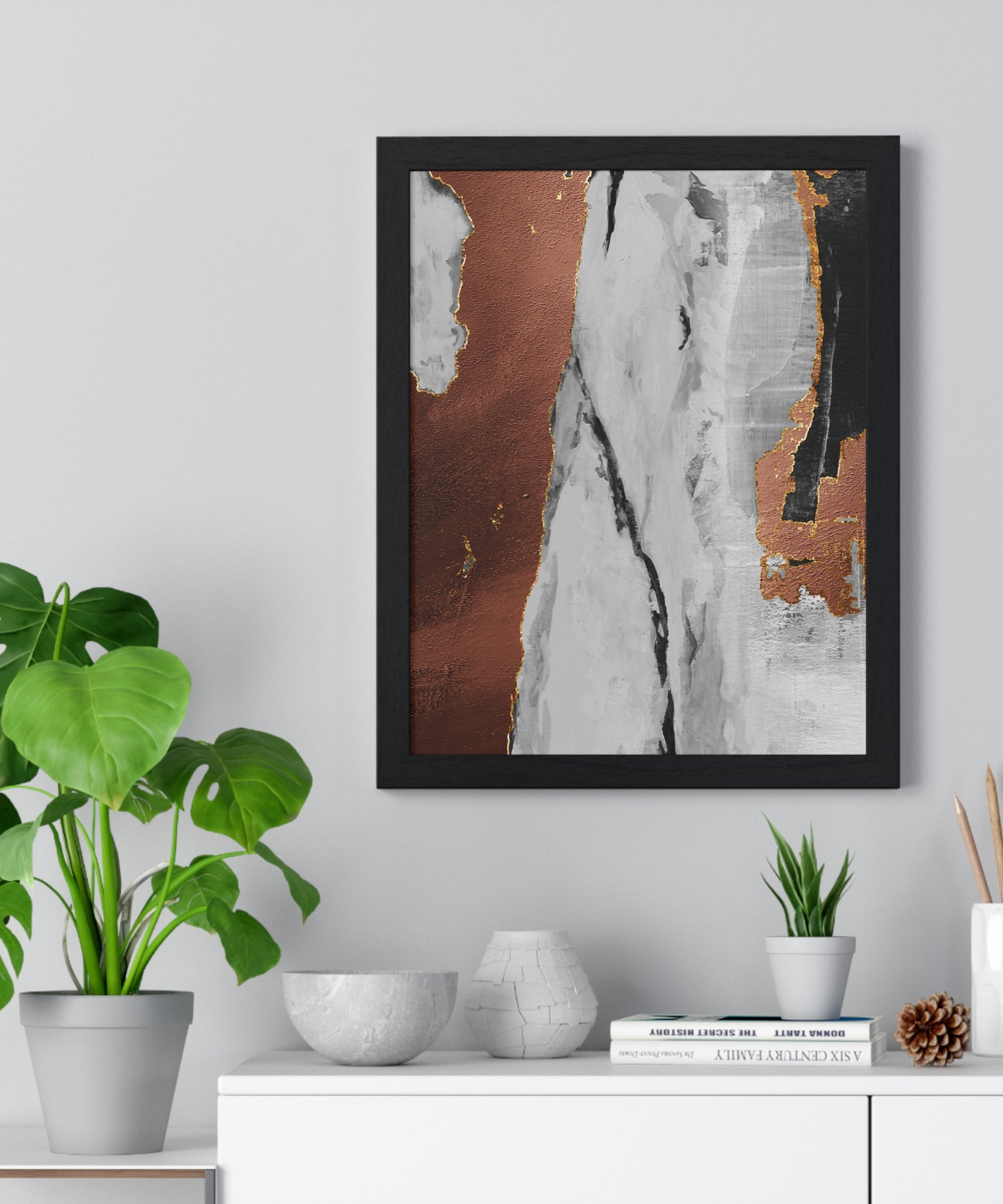 Luxury Abstract Wall Art Poster – Metallic Copper & Marble Texture on Wooden Frame – Modern Home Décor