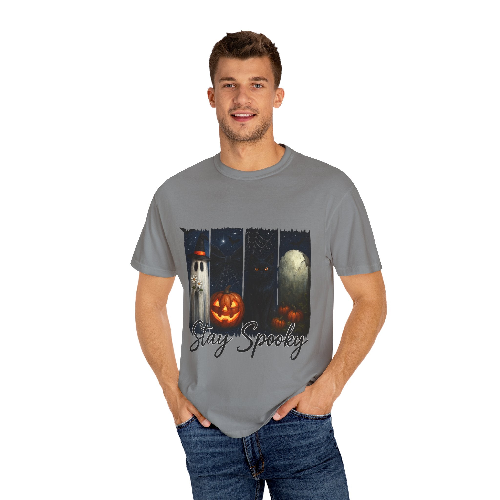 Stay Spooky Halloween T-Shirt – Cute Ghost, Black Cat, Pumpkin & Graveyard Design