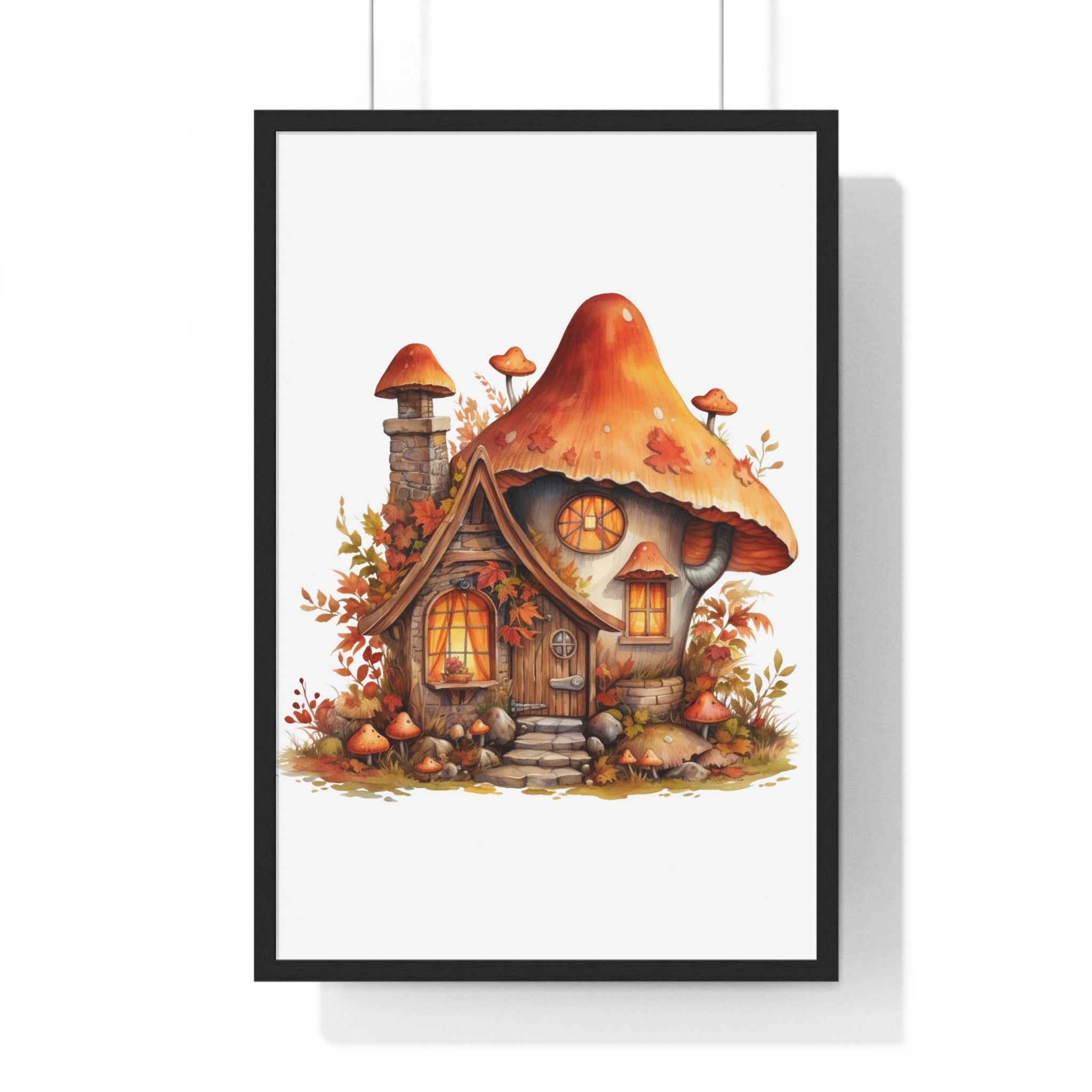 Whimsical Mushroom Cottage Wall Art – Autumn Fantasy House with Glowing Windows | Wooden Frame Poster for Fairycore Decor