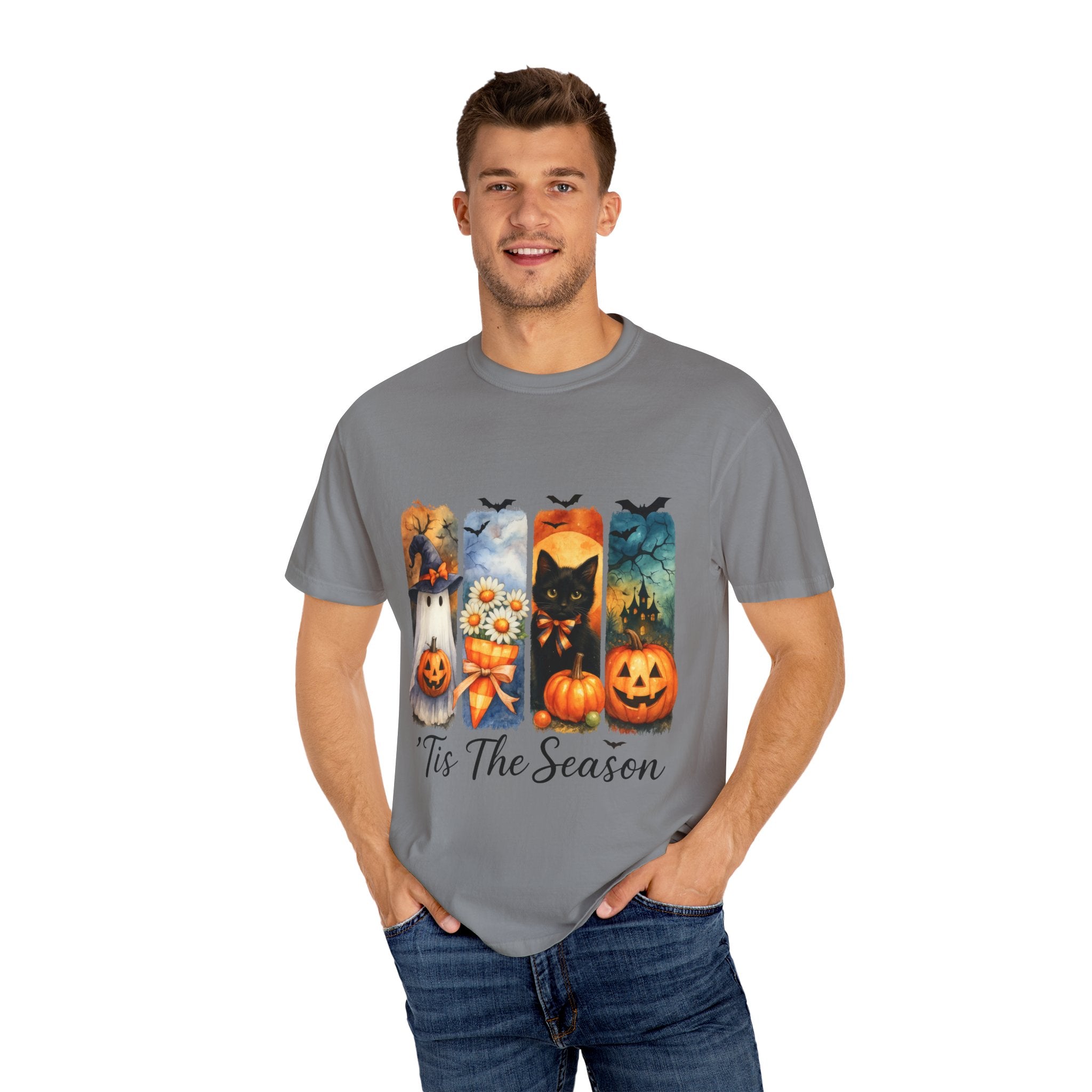 Whimsical Halloween T-Shirt – Ghost, Black Cat, Pumpkins & Haunted House Design