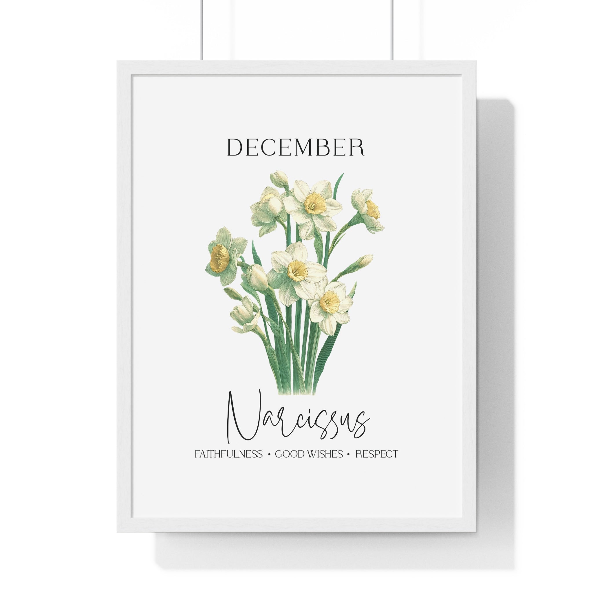 December Birth Month Flower Wall Art – Narcissus Illustration in Wooden Frame | Faithfulness, Good Wishes & Respect