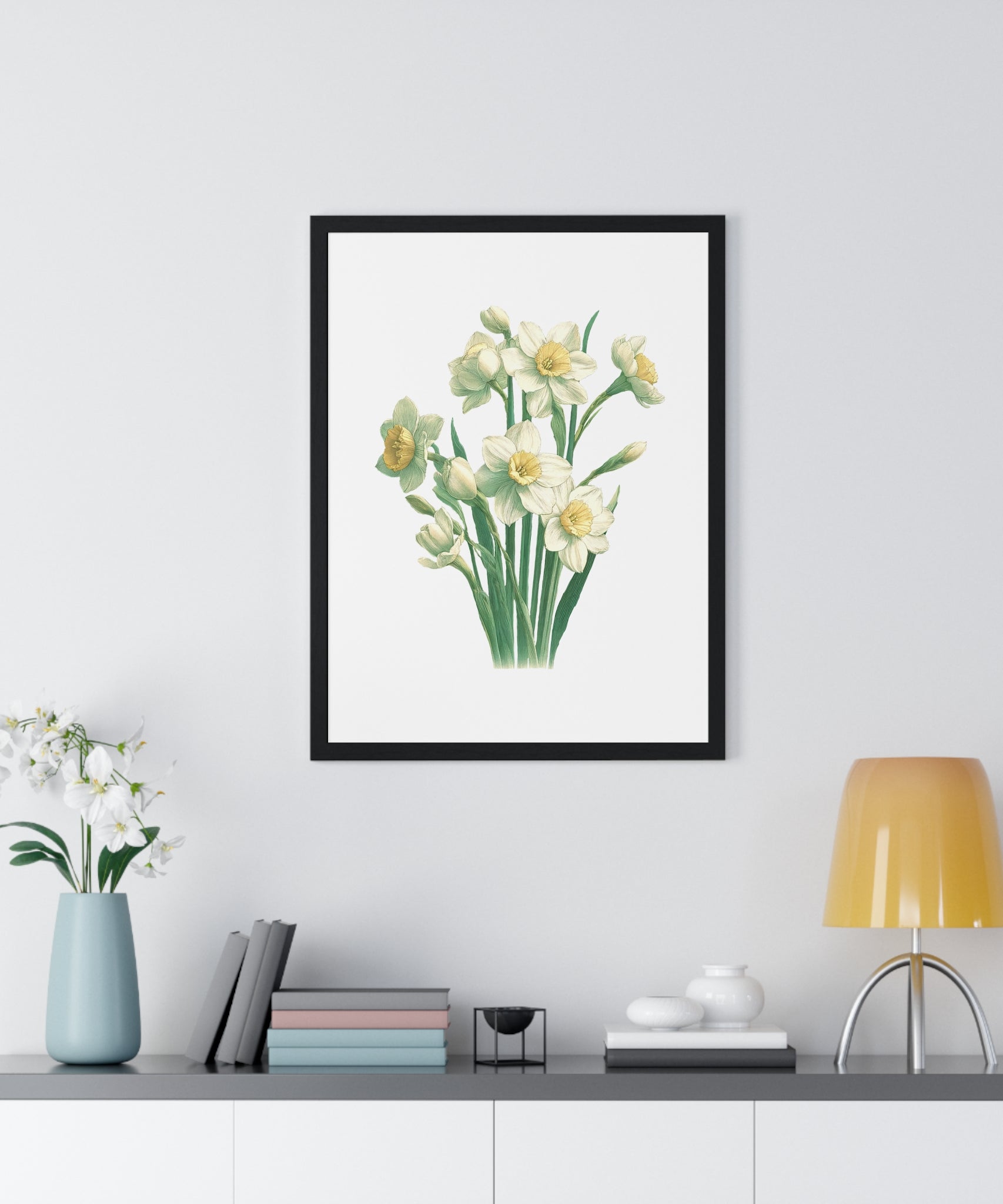 December Birth Month Flower Wall Art – Narcissus Botanical Illustration in Wooden Frame | Hope, Good Fortune & Renewal