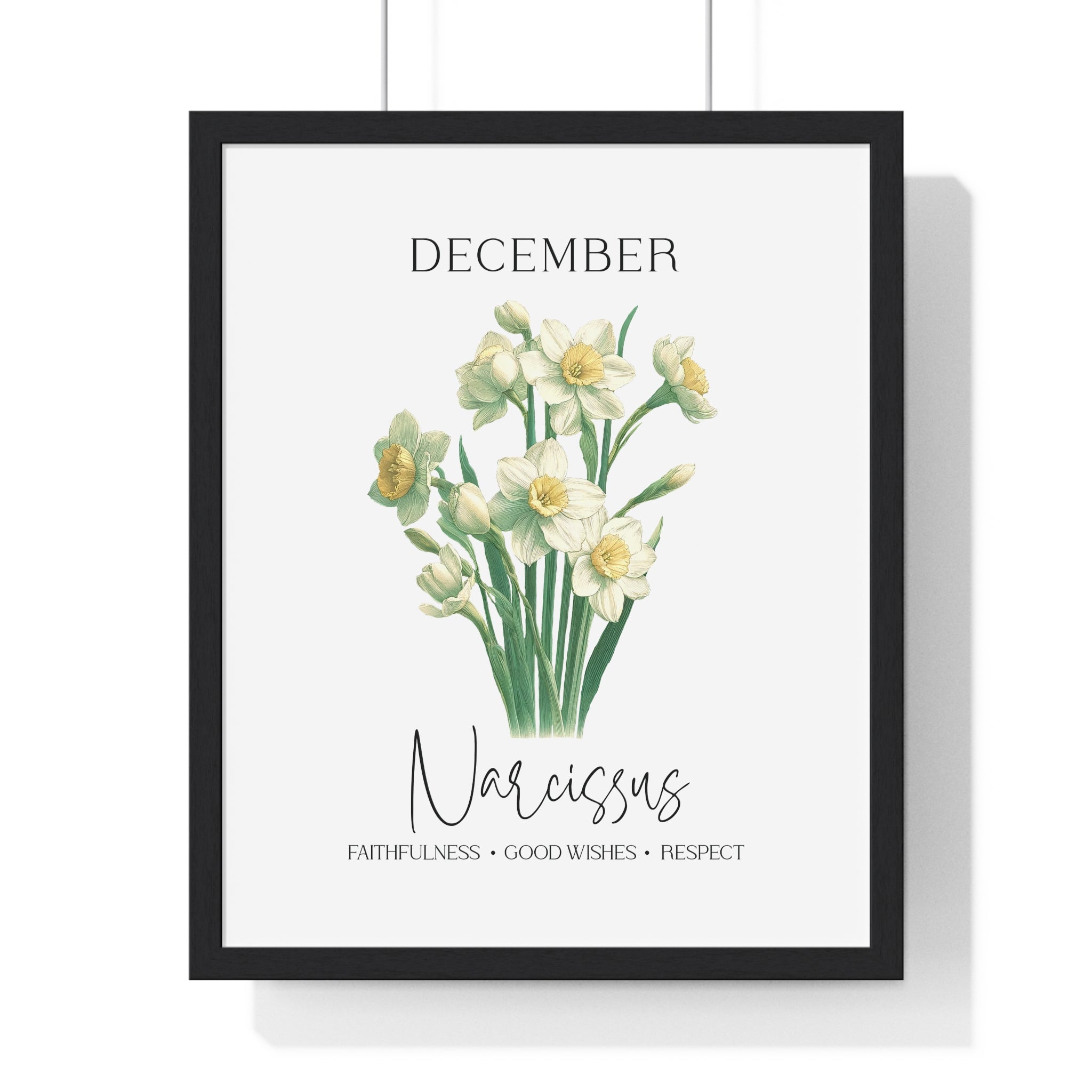 December Birth Month Flower Wall Art – Narcissus Illustration in Wooden Frame | Faithfulness, Good Wishes & Respect