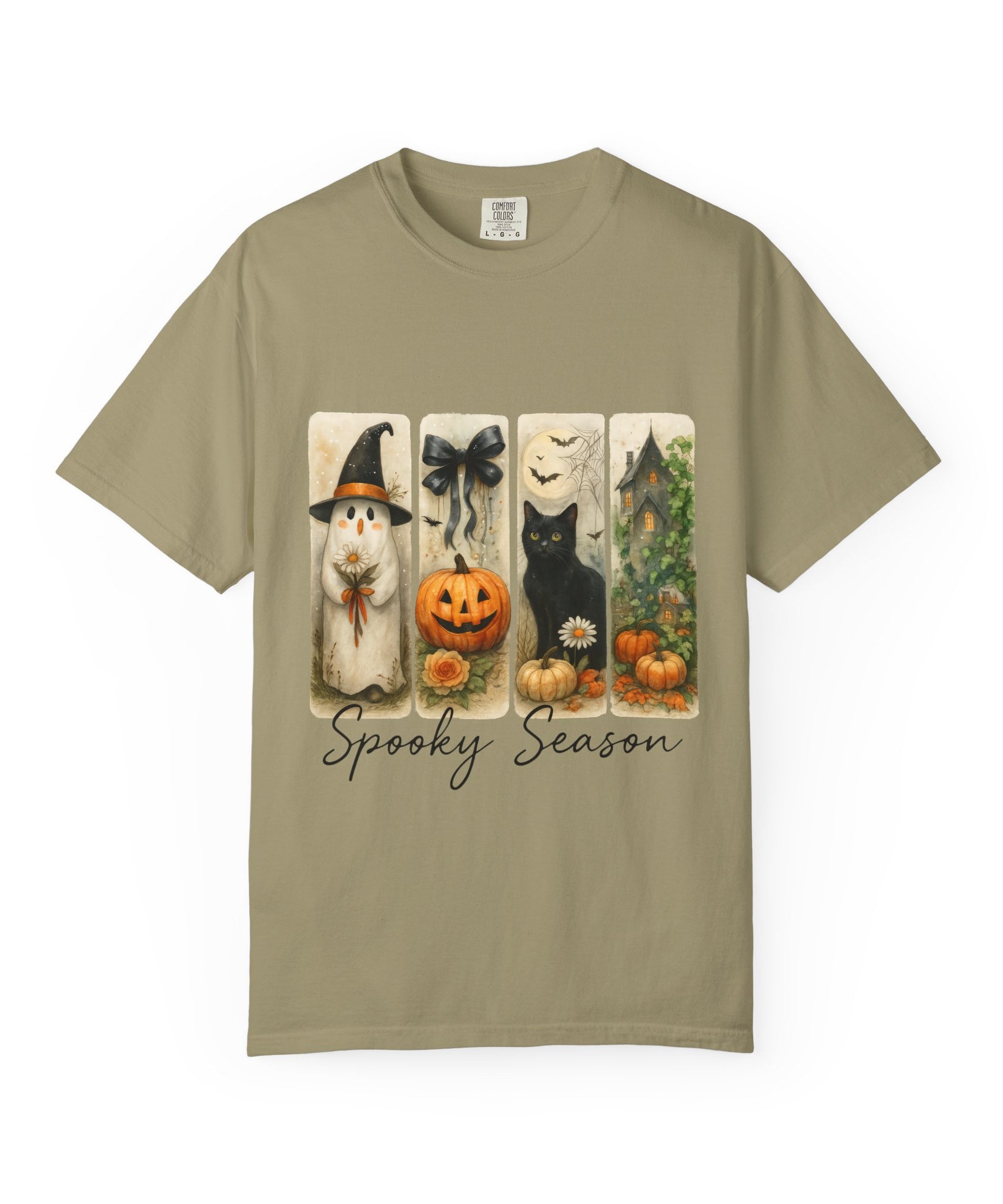 Vintage Halloween Unisex T-Shirt – Cute Ghost, Black Cat, Pumpkin & Haunted House Art - Gallory Hive