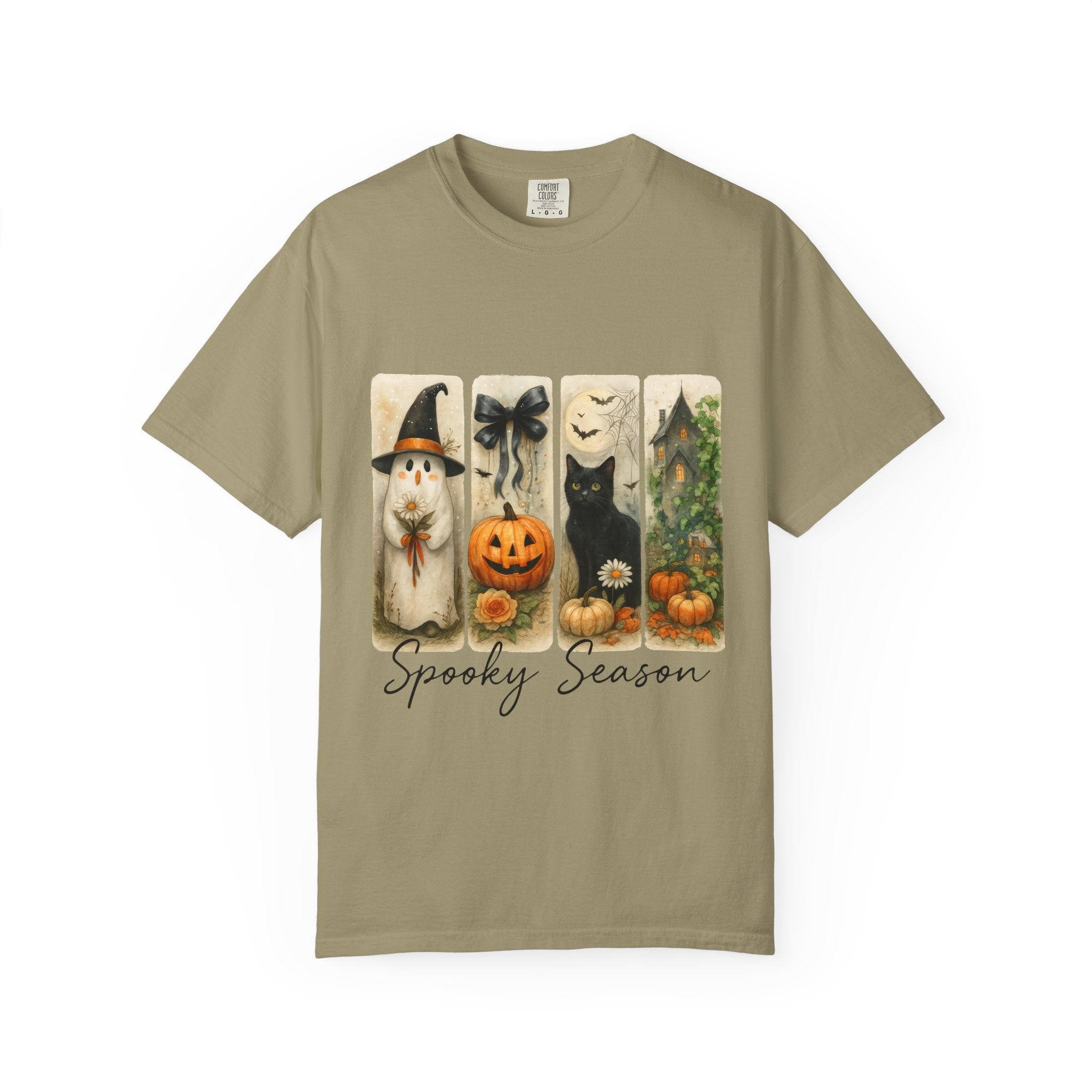 Vintage Halloween Unisex T-Shirt – Cute Ghost, Black Cat, Pumpkin & Haunted House Art