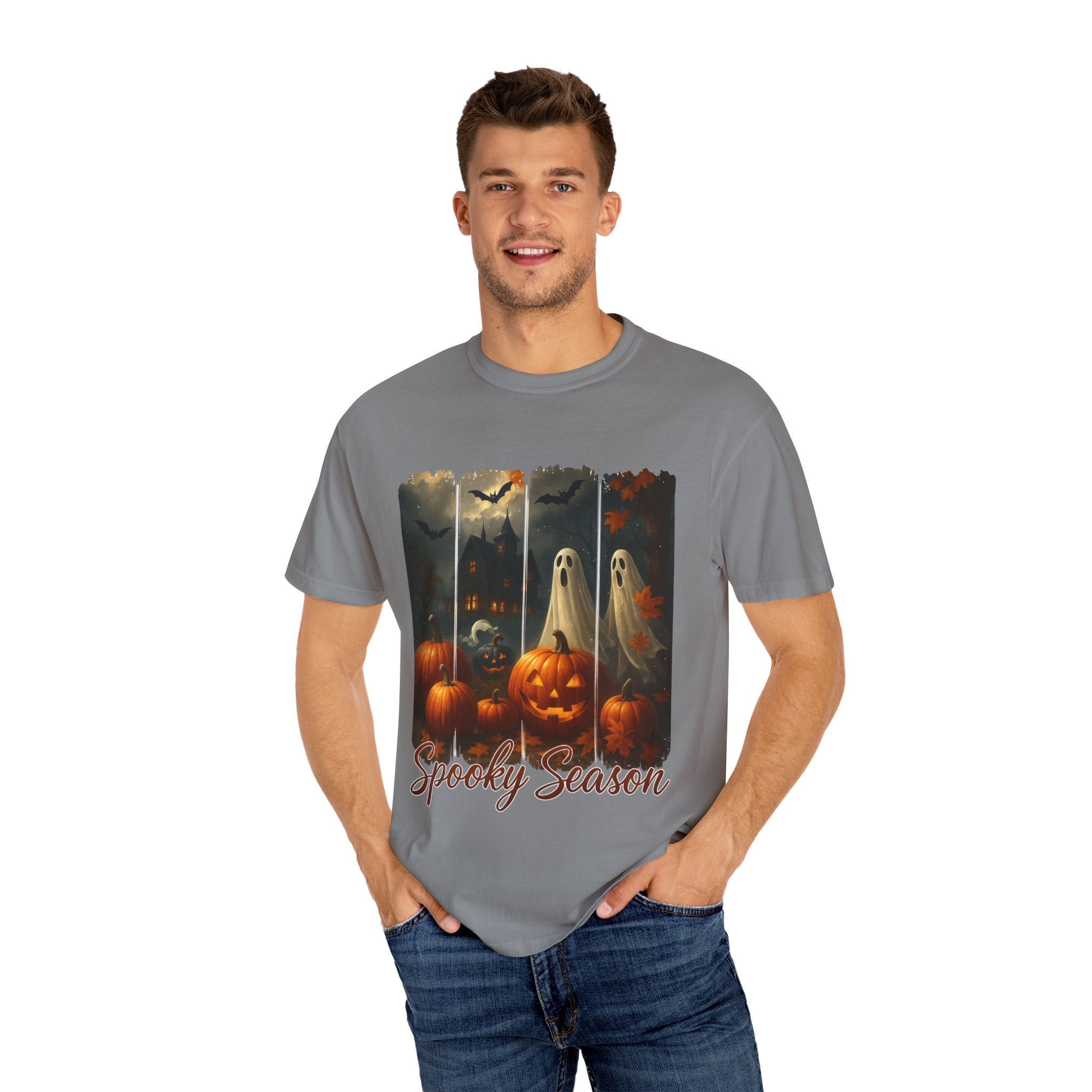 Spooky Season Unisex Halloween T-Shirt – Haunted House, Pumpkins & Ghosts Fall Design
