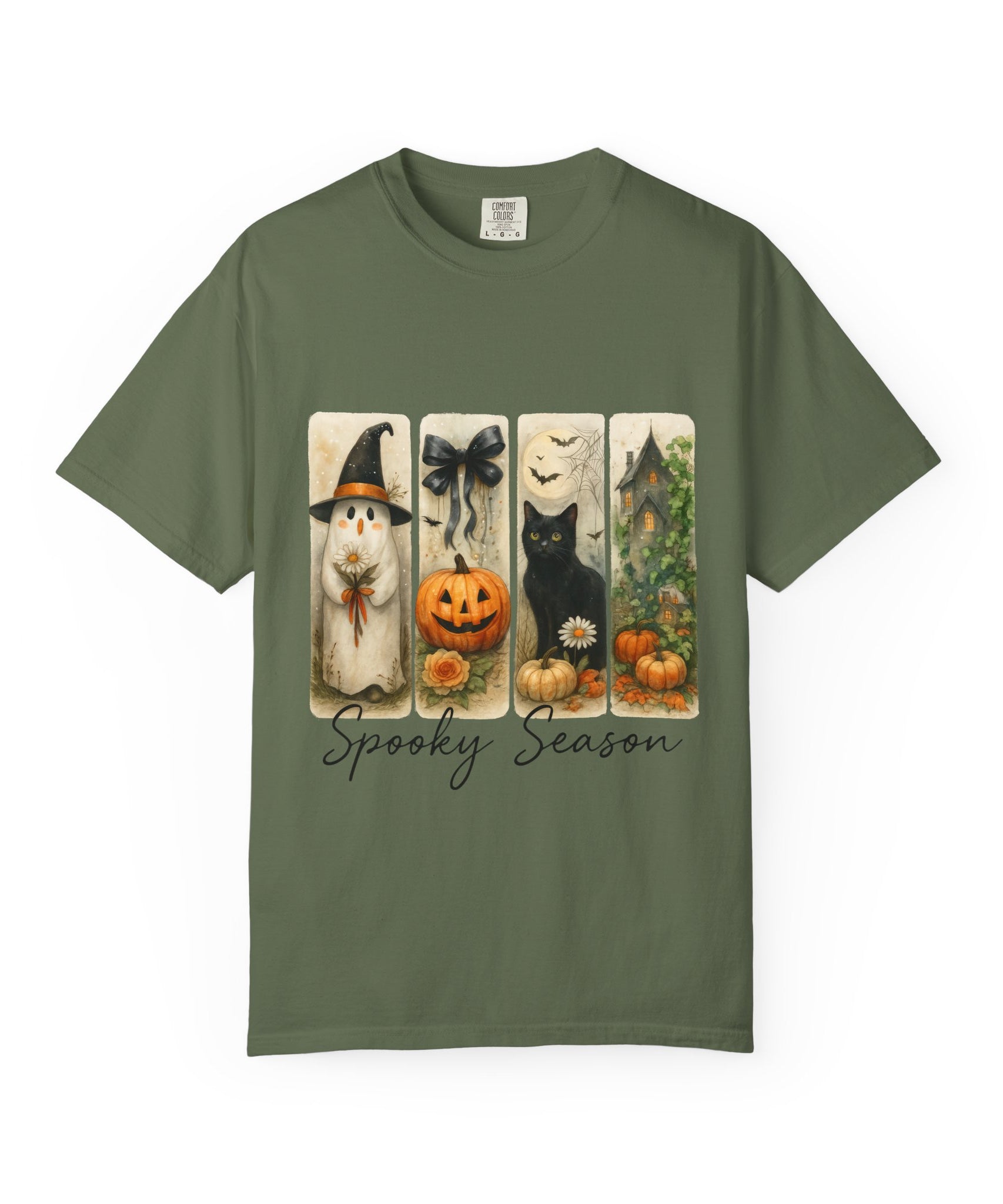 Vintage Halloween Unisex T-Shirt – Cute Ghost, Black Cat, Pumpkin & Haunted House Art - Gallory Hive