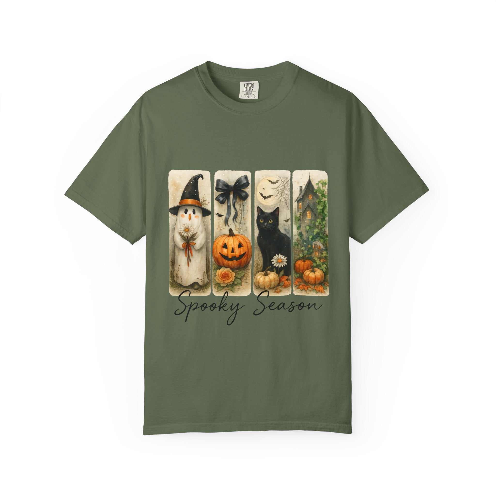 Vintage Halloween Unisex T-Shirt – Cute Ghost, Black Cat, Pumpkin & Haunted House Art