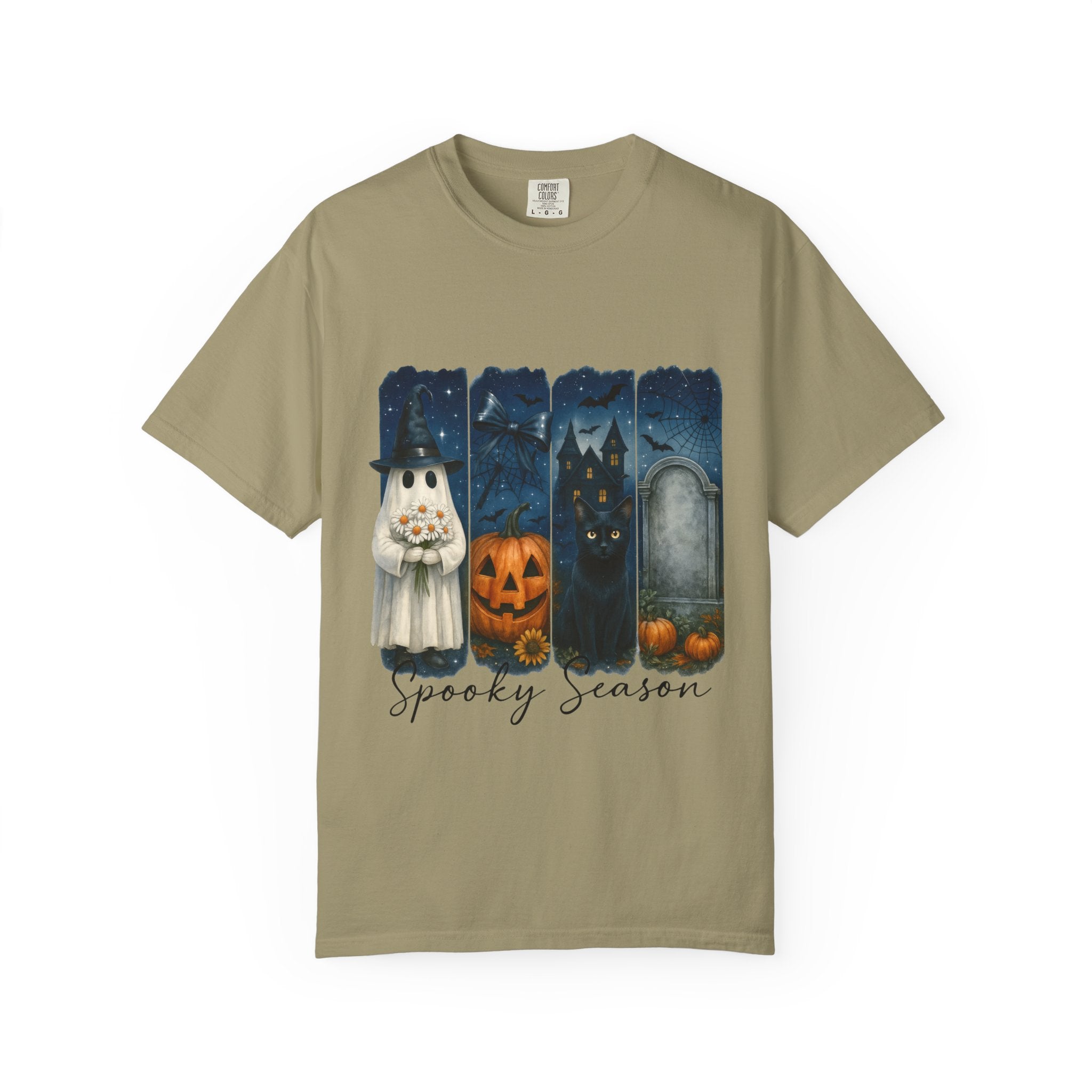 Spooky Season Halloween T-Shirt – Ghost, Black Cat, Pumpkin & Haunted House Design