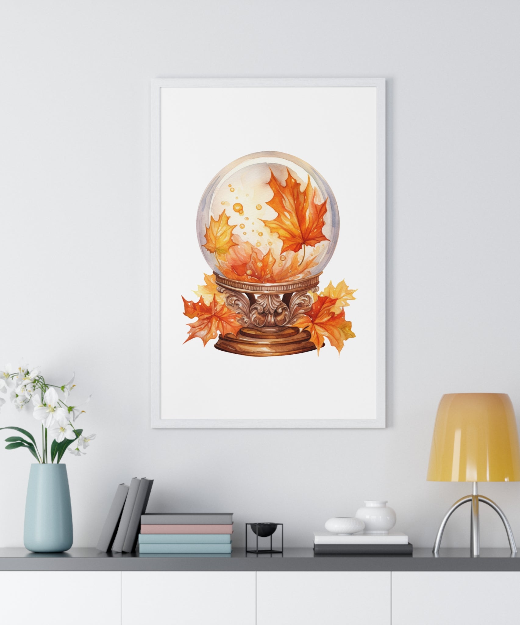 Floating Leaves Snow Globe Wall Art – Ornate Autumn Fantasy Poster | Wooden Frame Seasonal Home Decor