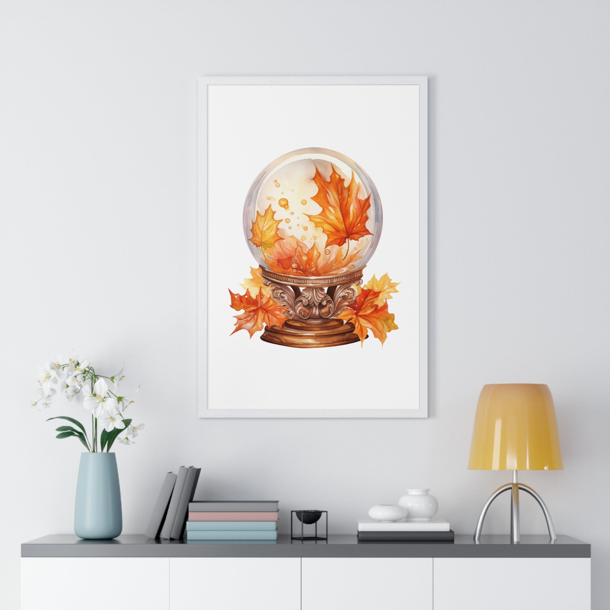Floating Leaves Snow Globe Wall Art – Ornate Autumn Fantasy Poster | Wooden Frame Seasonal Home Decor
