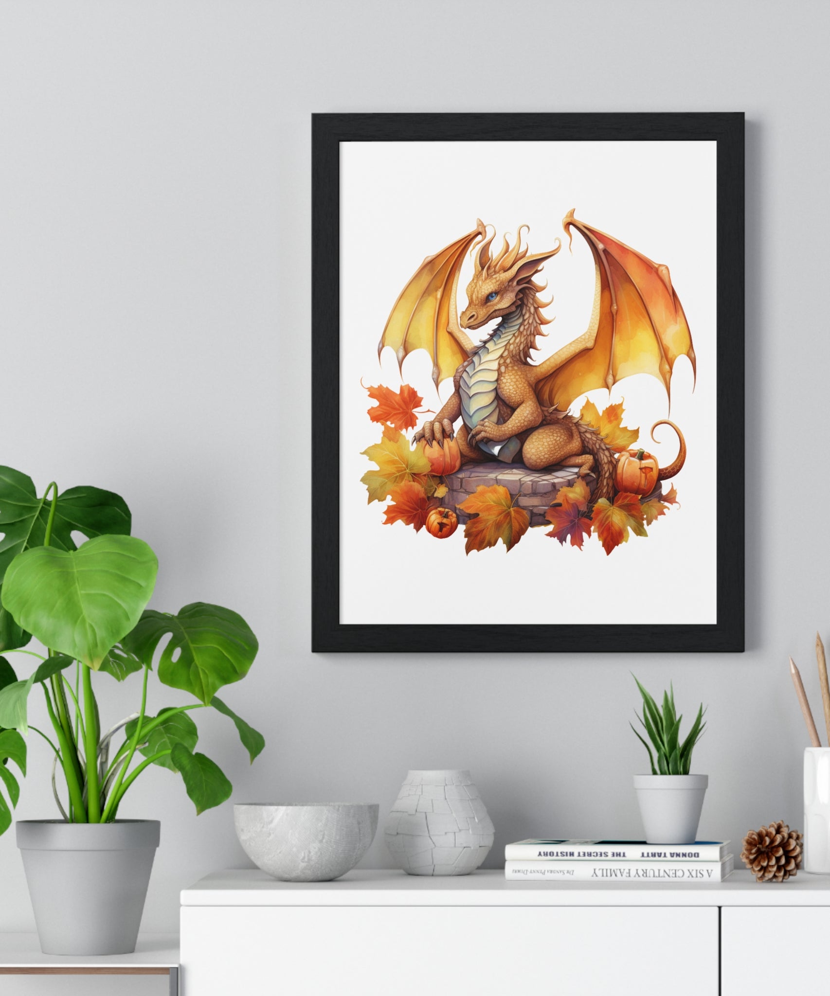 Autumn Dragon Wall Art – Fantasy Fall Decor with Pumpkins