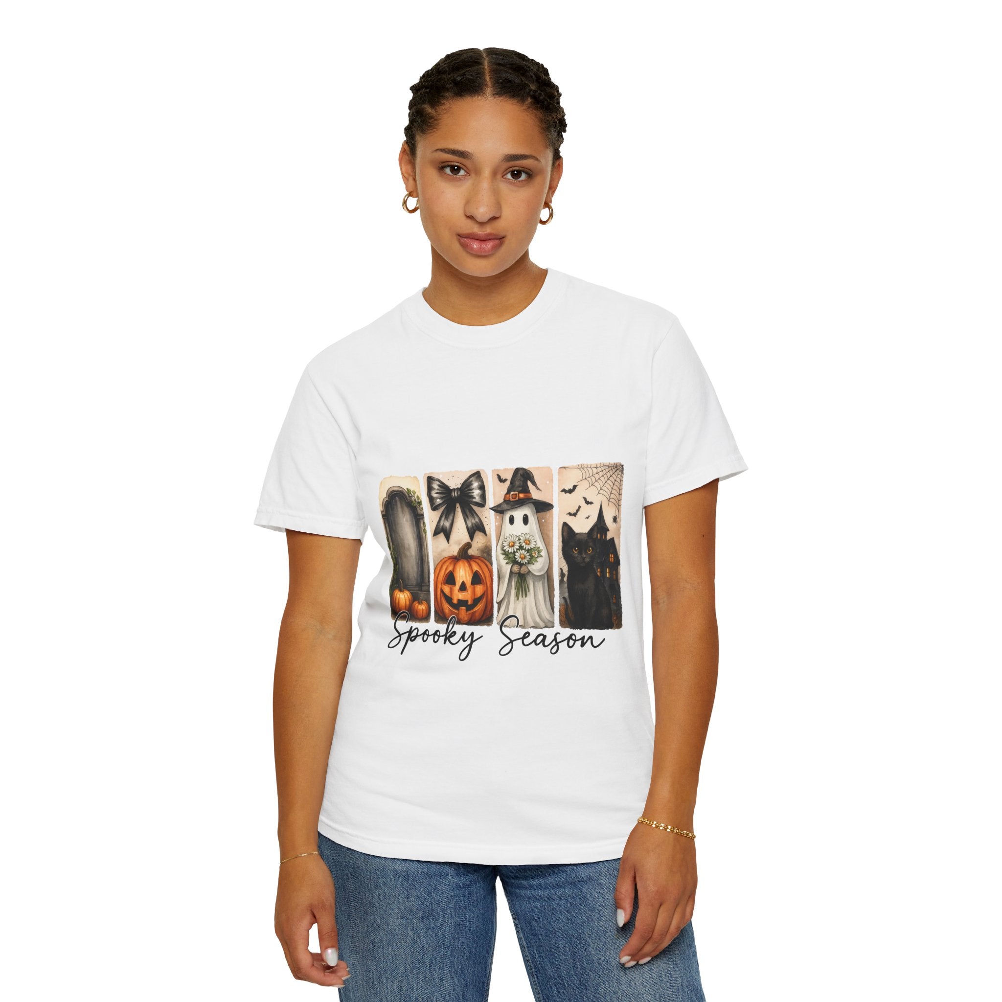Spooky Season Unisex Halloween T-Shirt – Ghost, Black Cat, Pumpkin & Haunted House Art