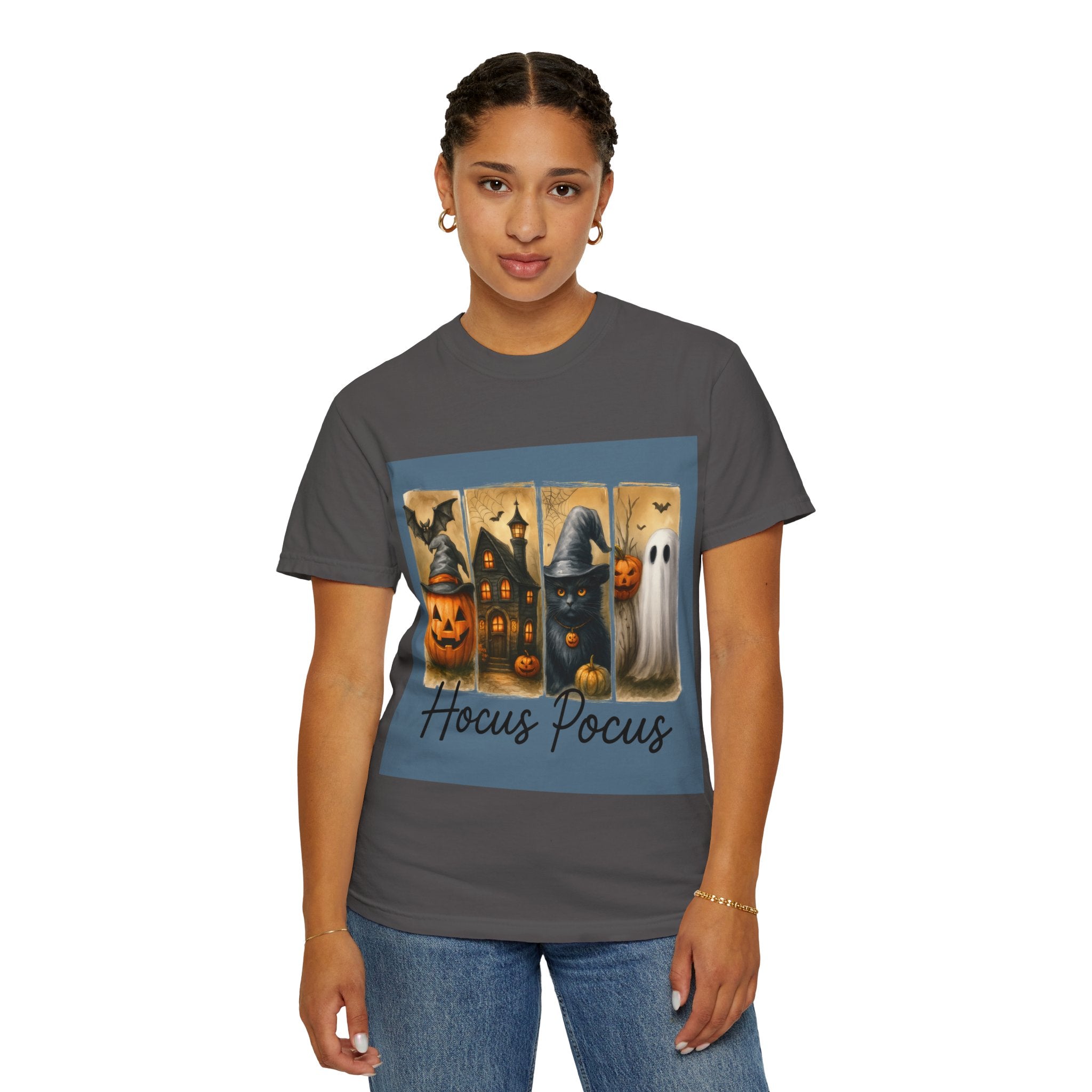 Hocus Pocus Halloween Unisex T-Shirt – Witchy Cat, Haunted House, Pumpkin & Ghost Art