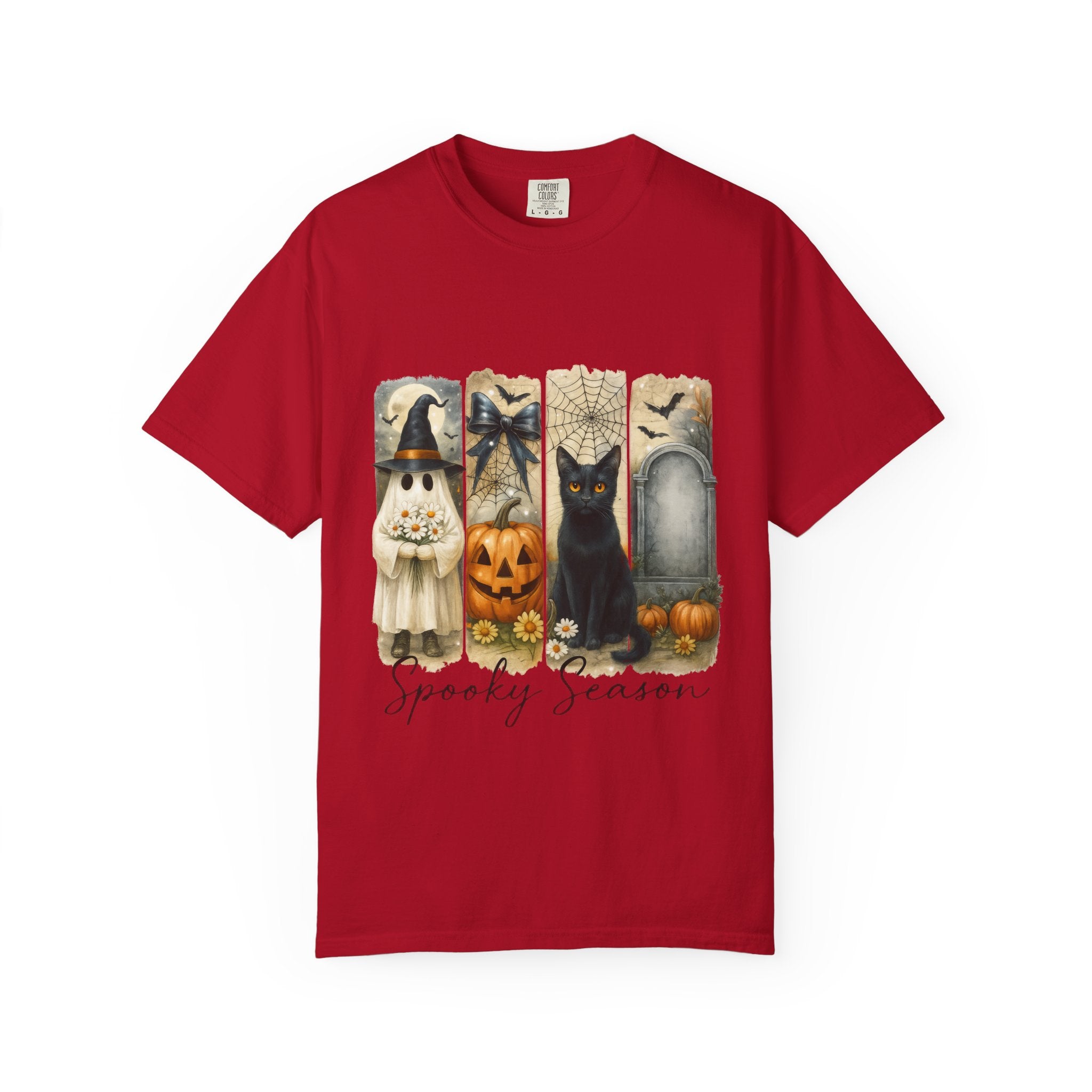 Spooky Season Halloween Unisex T-Shirt – Ghost, Black Cat & Pumpkin Design