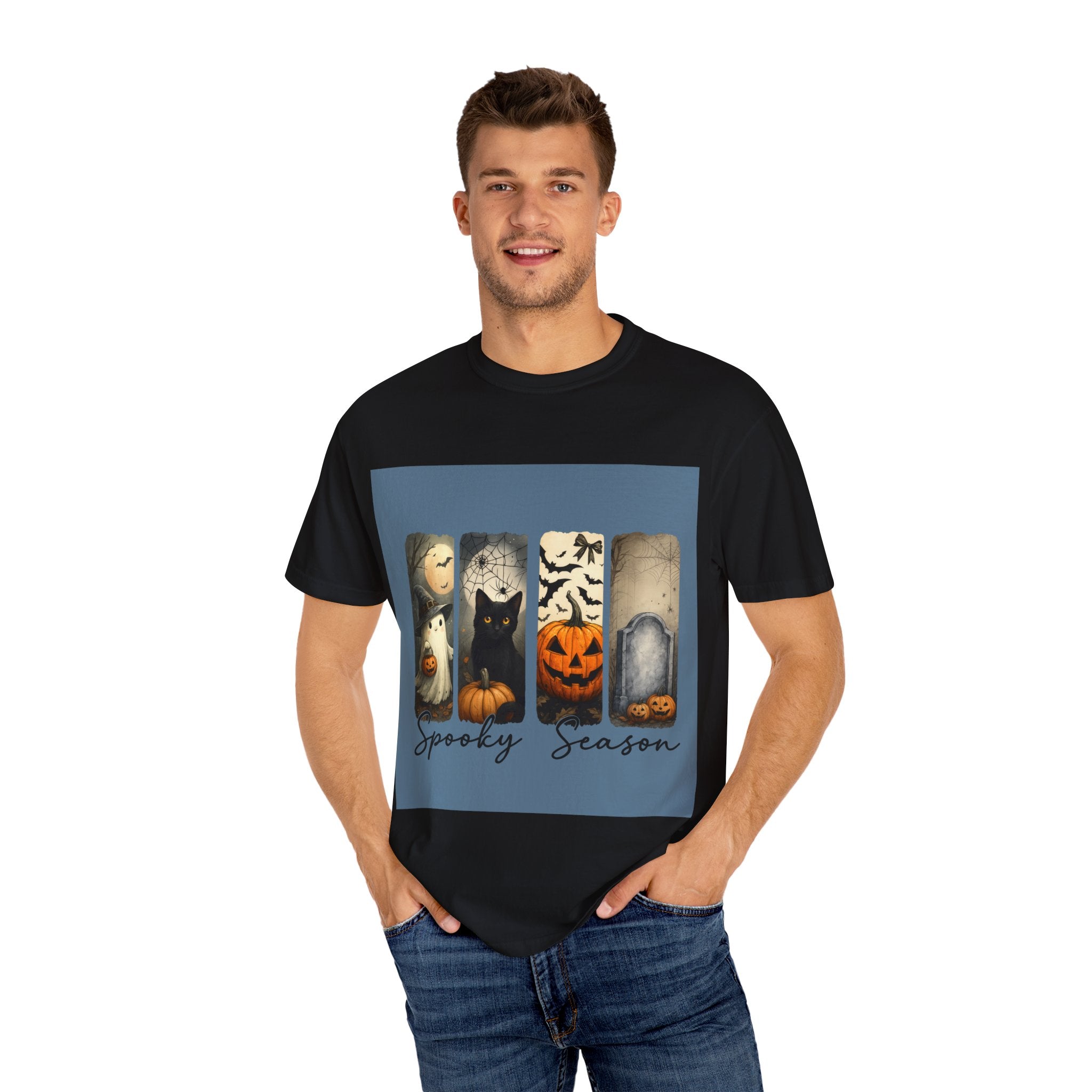 Halloween Night Unisex T-Shirt – Ghost, Black Cat, Pumpkin & Tombstone Vintage Art - Gallory Hive