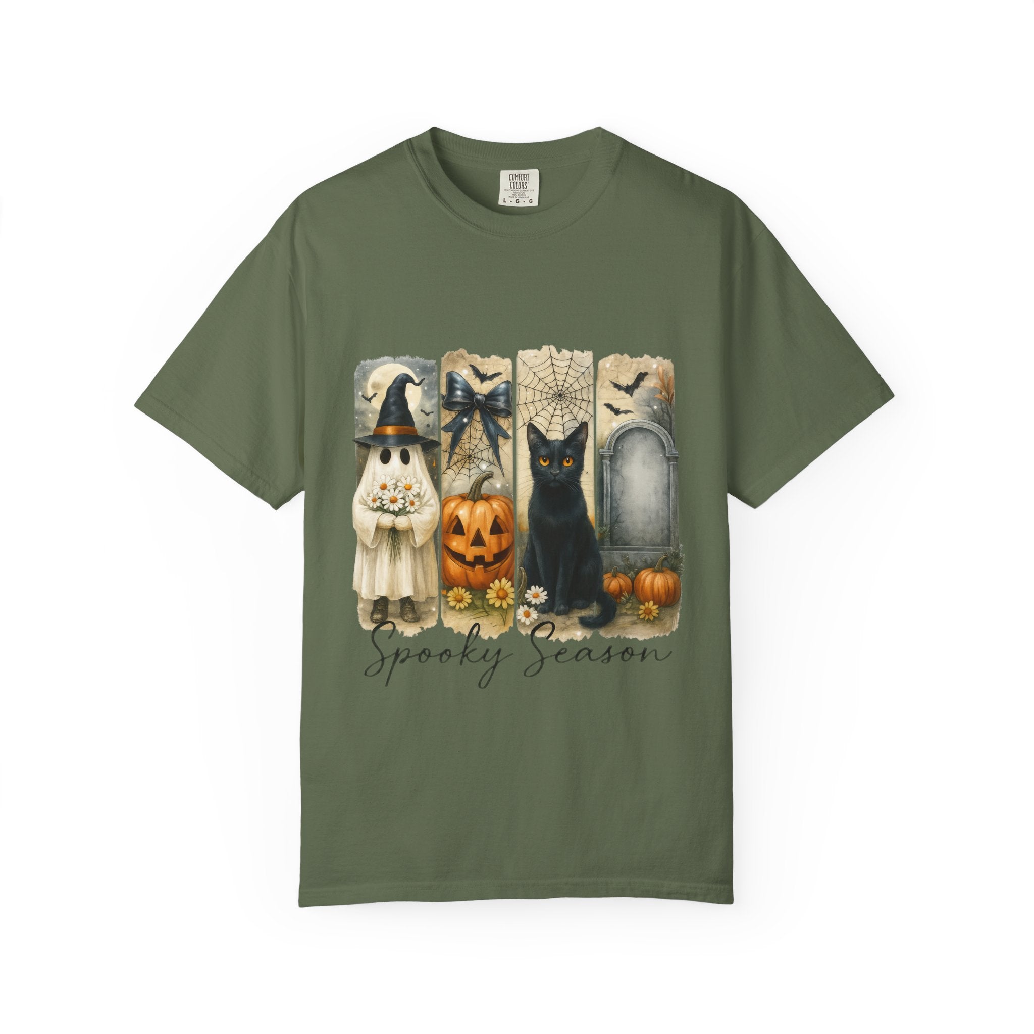 Spooky Season Halloween Unisex T-Shirt – Ghost, Black Cat & Pumpkin Design