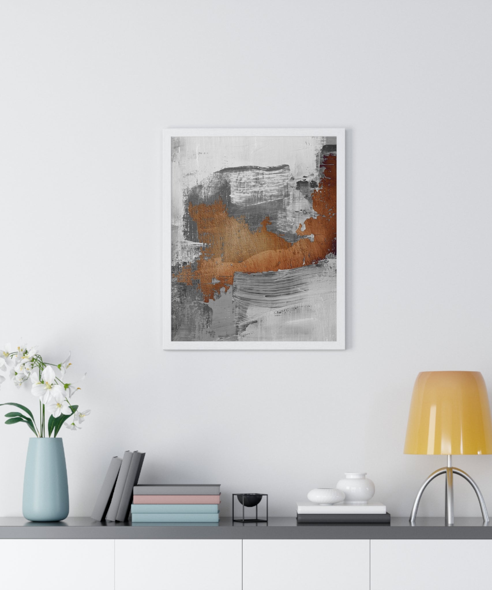 Textured Abstract Wall Art – Grey, Copper & White Modern Brushstroke Poster on Wooden Frame
