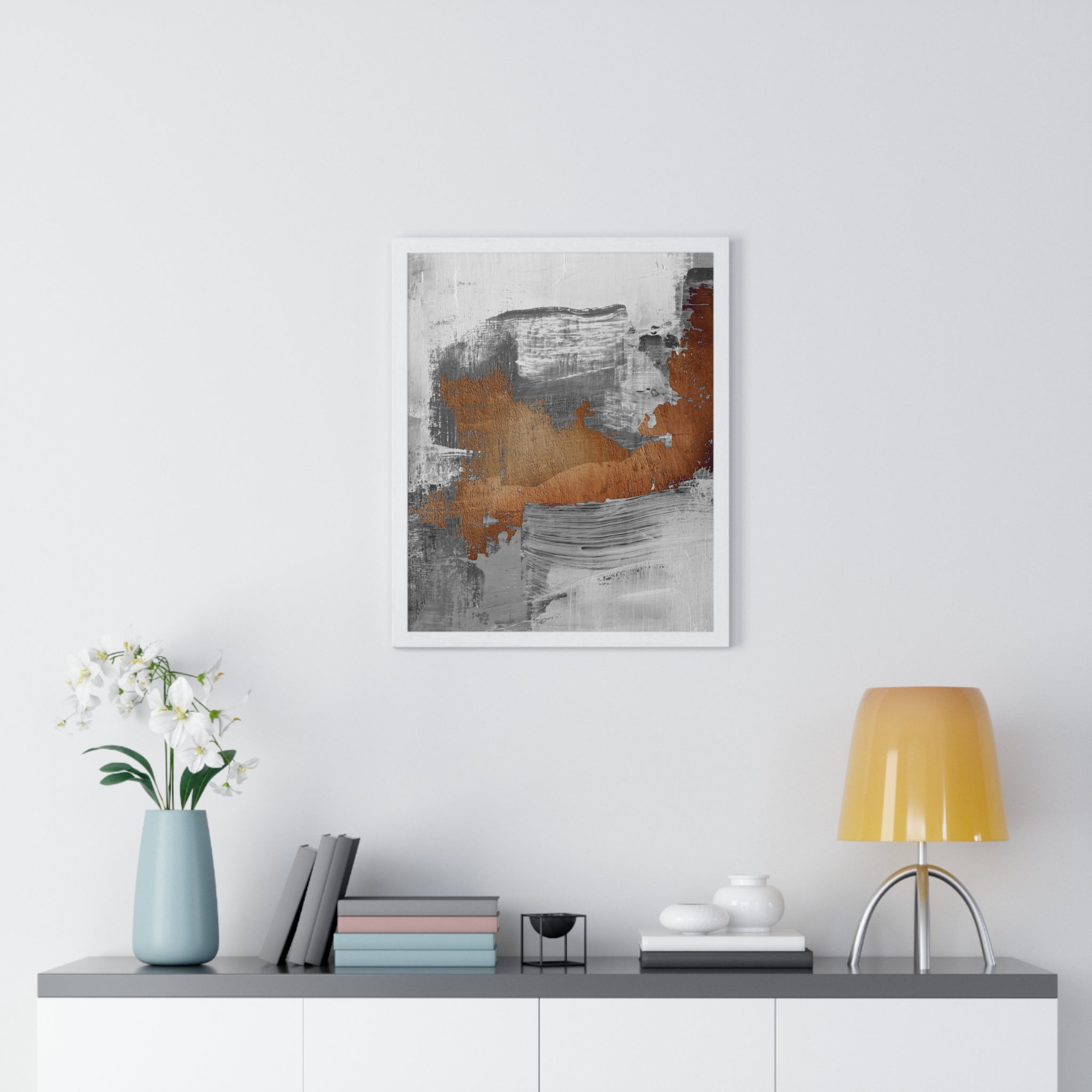Textured Abstract Wall Art – Grey, Copper & White Modern Brushstroke Poster on Wooden Frame