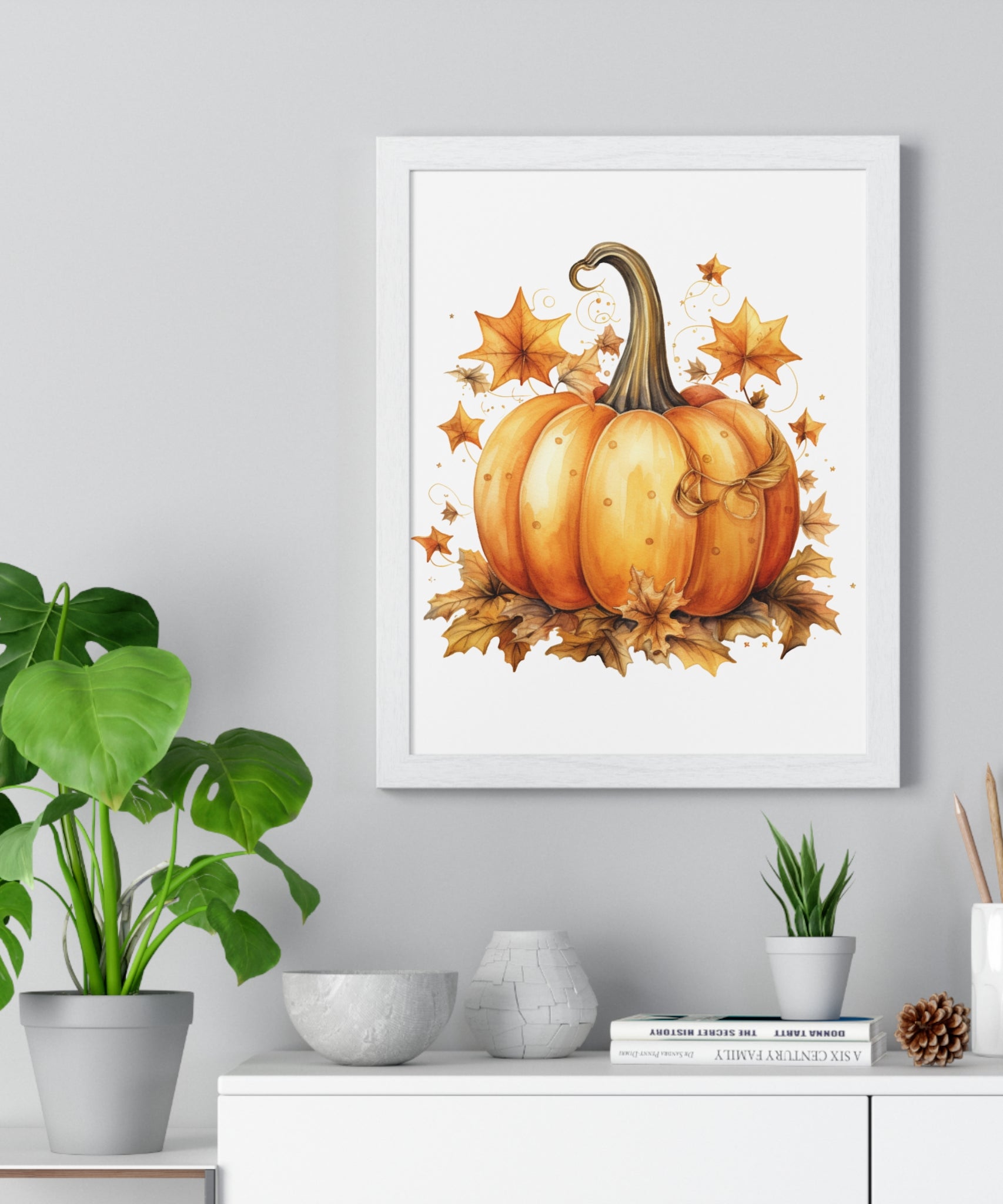 Decorative Autumn Pumpkin Wall Art – Bow-Tied Harvest Poster with Leaves & Swirls | Wooden Frame Fall Decor