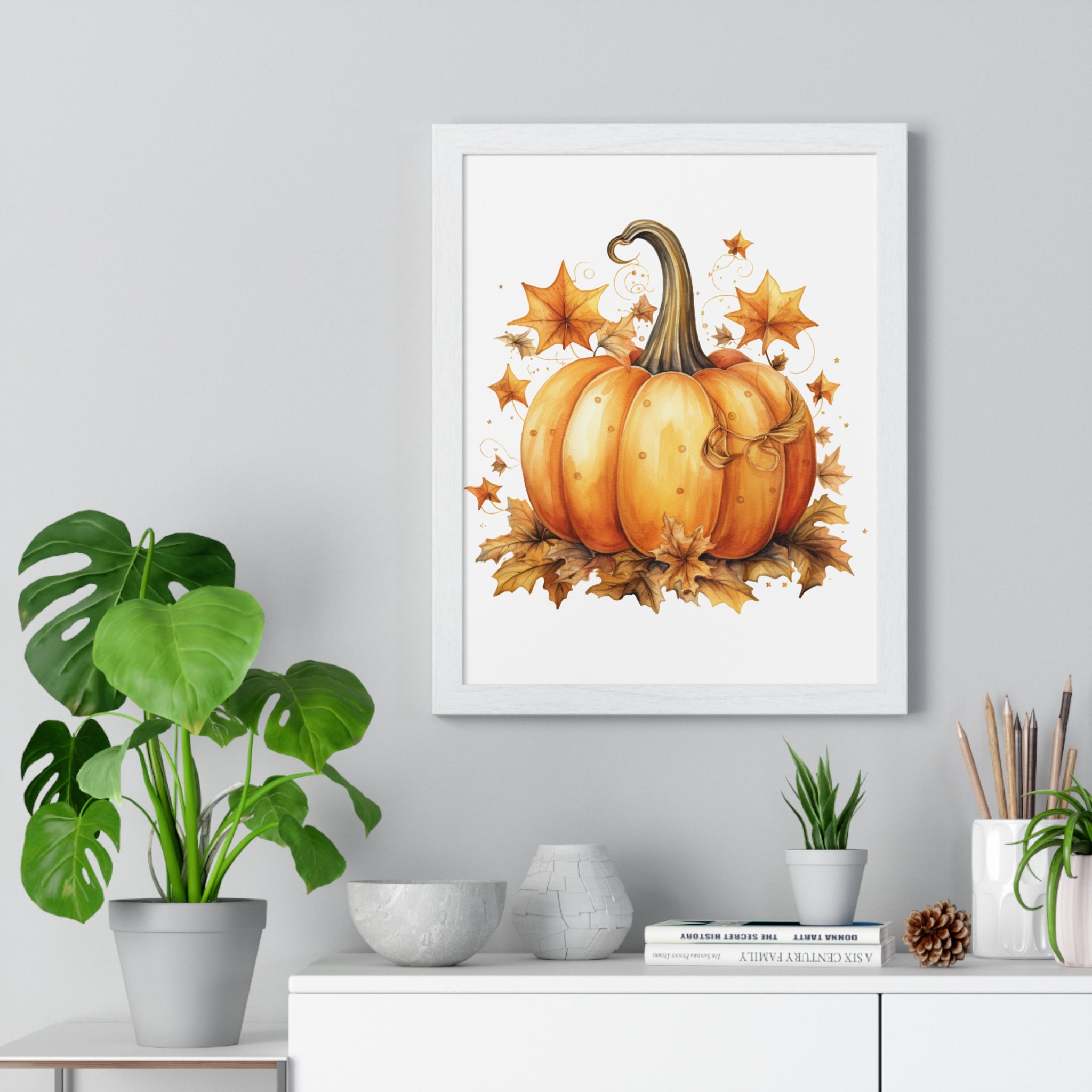 Decorative Autumn Pumpkin Wall Art – Bow-Tied Harvest Poster with Leaves & Swirls | Wooden Frame Fall Decor