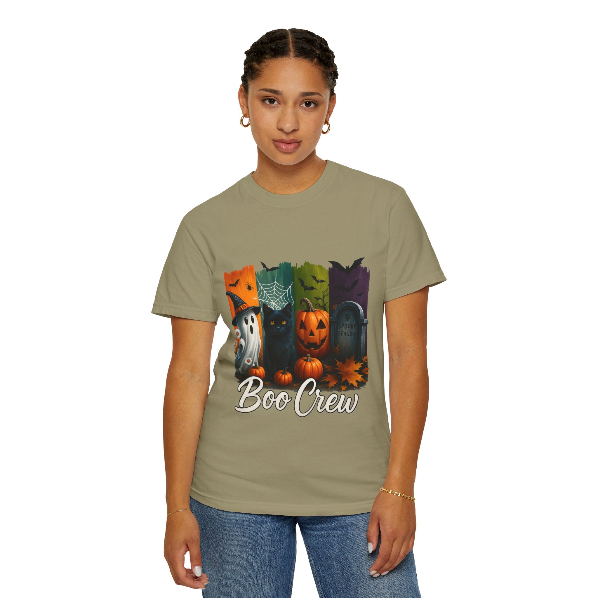 Boo Crew Halloween Unisex T-Shirt – Cute Ghost, Black Cat, Pumpkin & Tombstone Design