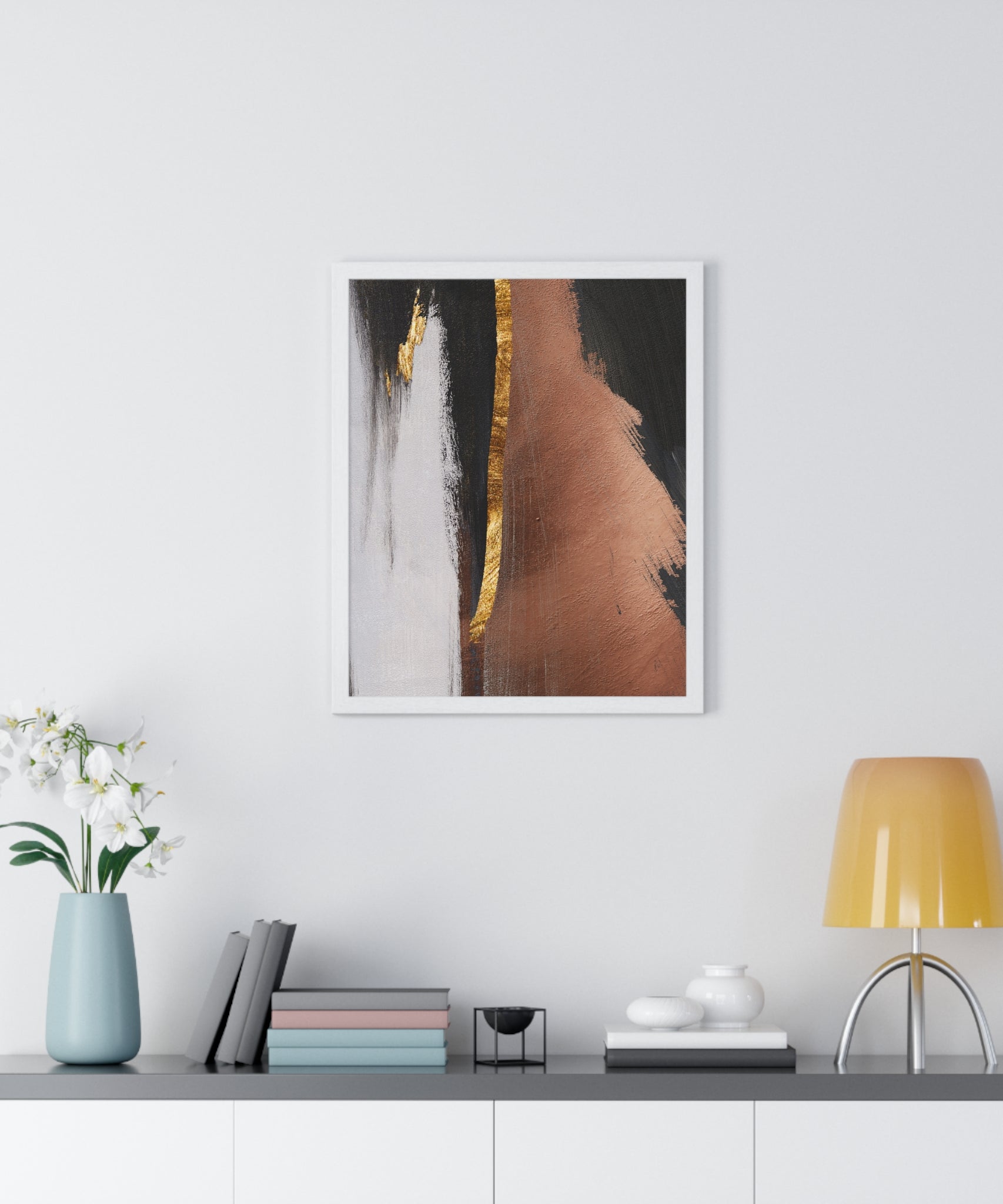 Modern Abstract Wall Art – Bold Black, Copper & Gold Textured Poster on Wooden Frame – Luxury Canvas Print for Home or Office