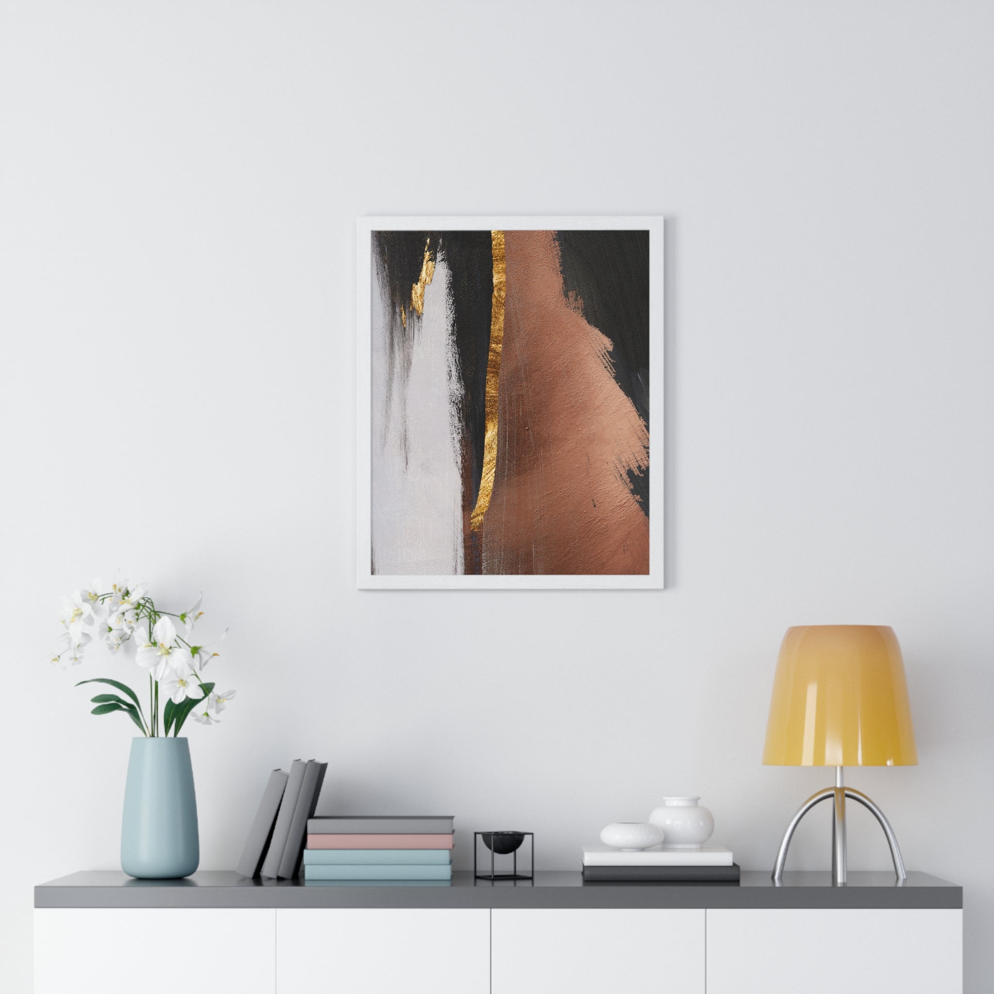 Modern Abstract Wall Art – Bold Black, Copper & Gold Textured Poster on Wooden Frame – Luxury Canvas Print for Home or Office