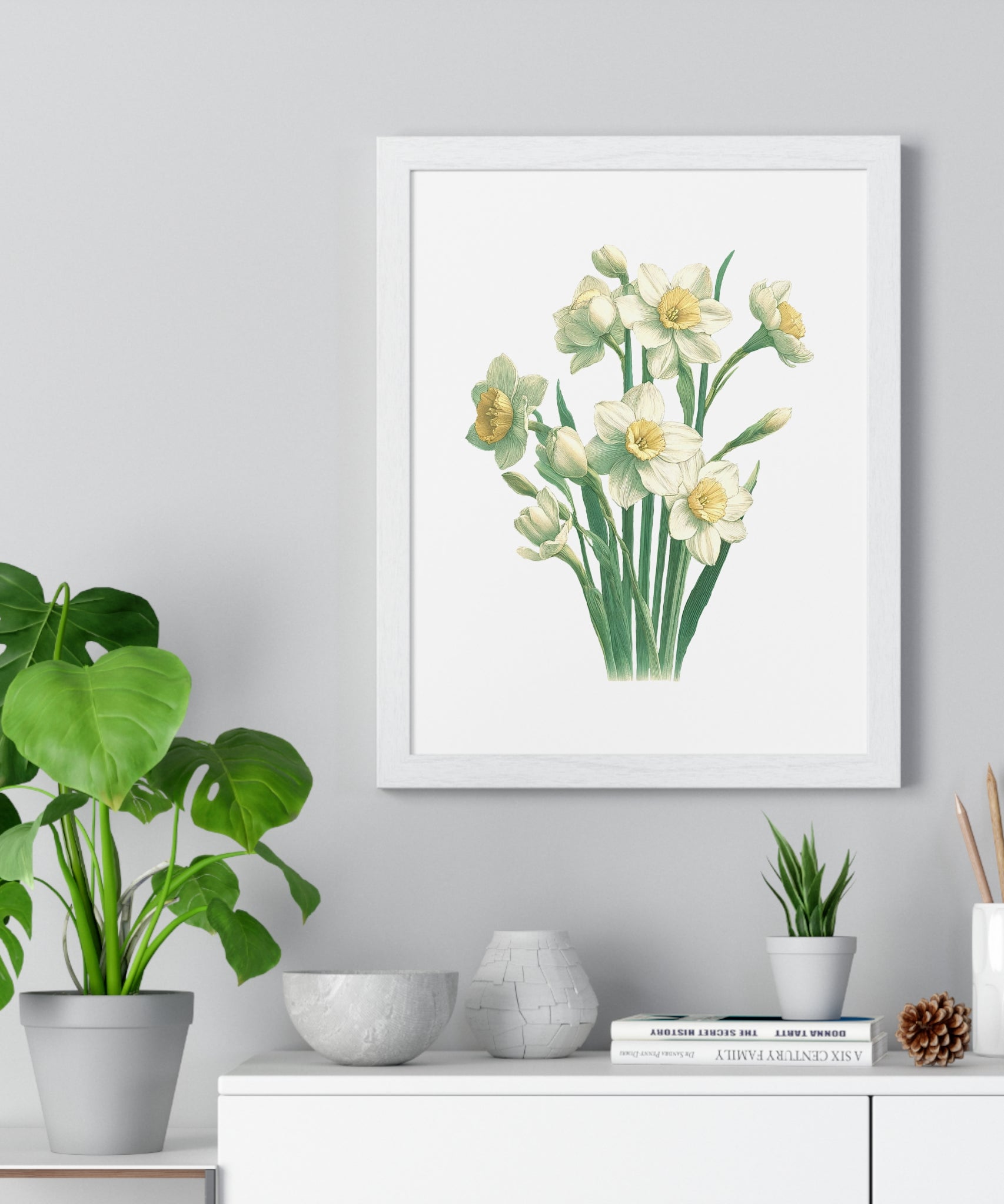 December Birth Month Flower Wall Art – Narcissus Botanical Illustration in Wooden Frame | Hope, Good Fortune & Renewal