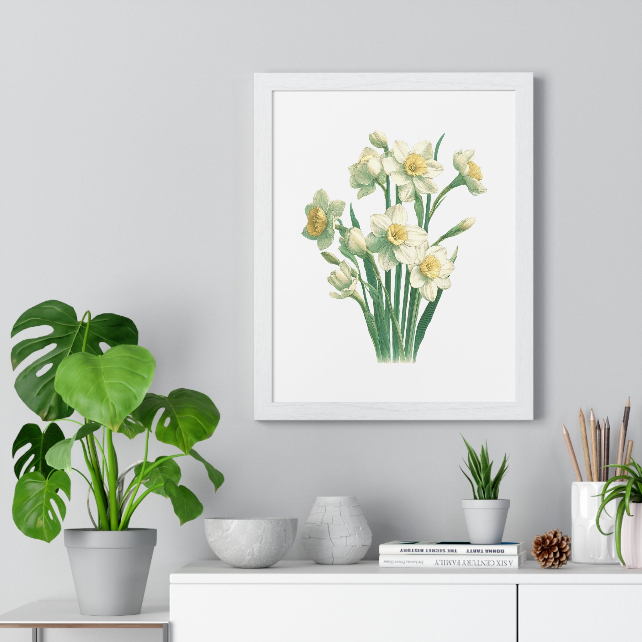December Birth Month Flower Wall Art – Narcissus Botanical Illustration in Wooden Frame | Hope, Good Fortune & Renewal