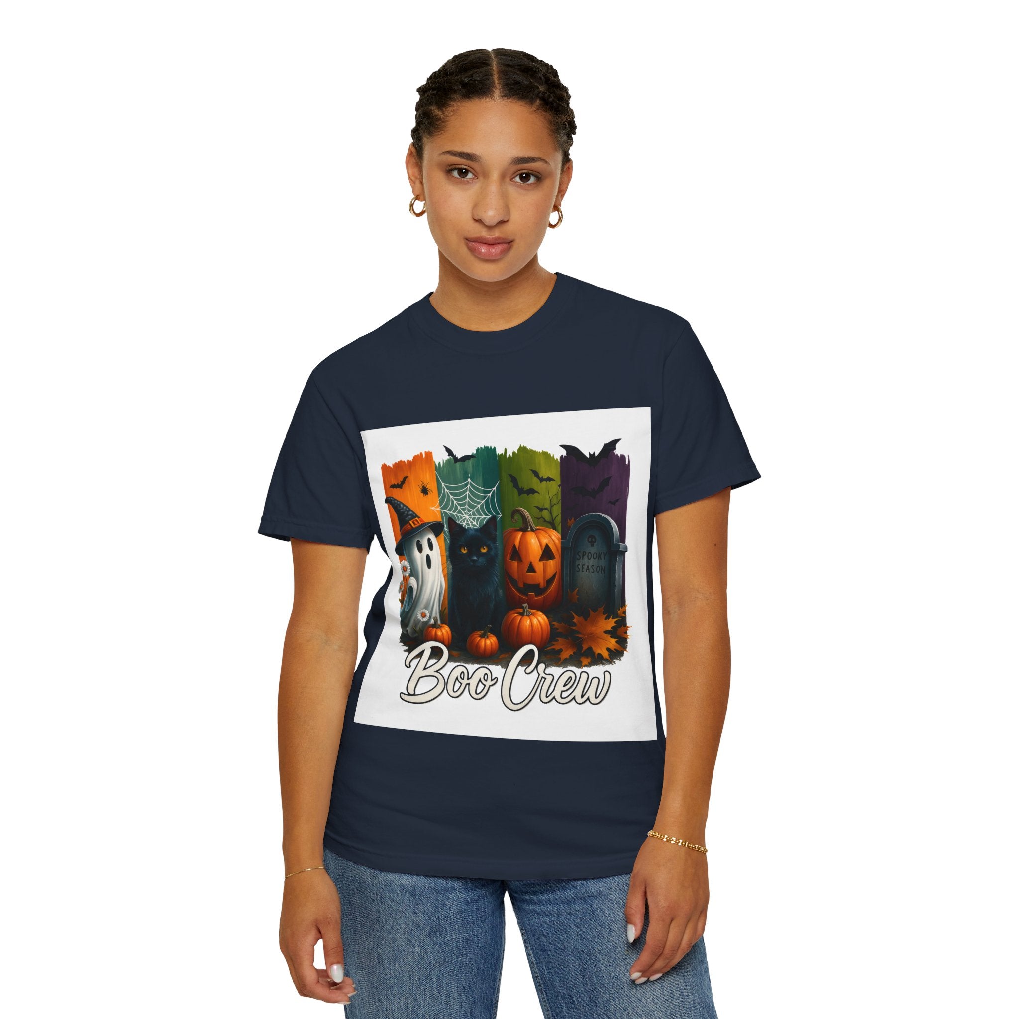 Boo Crew Halloween Unisex T-Shirt – Cute Ghost, Black Cat, Pumpkin & Tombstone Design