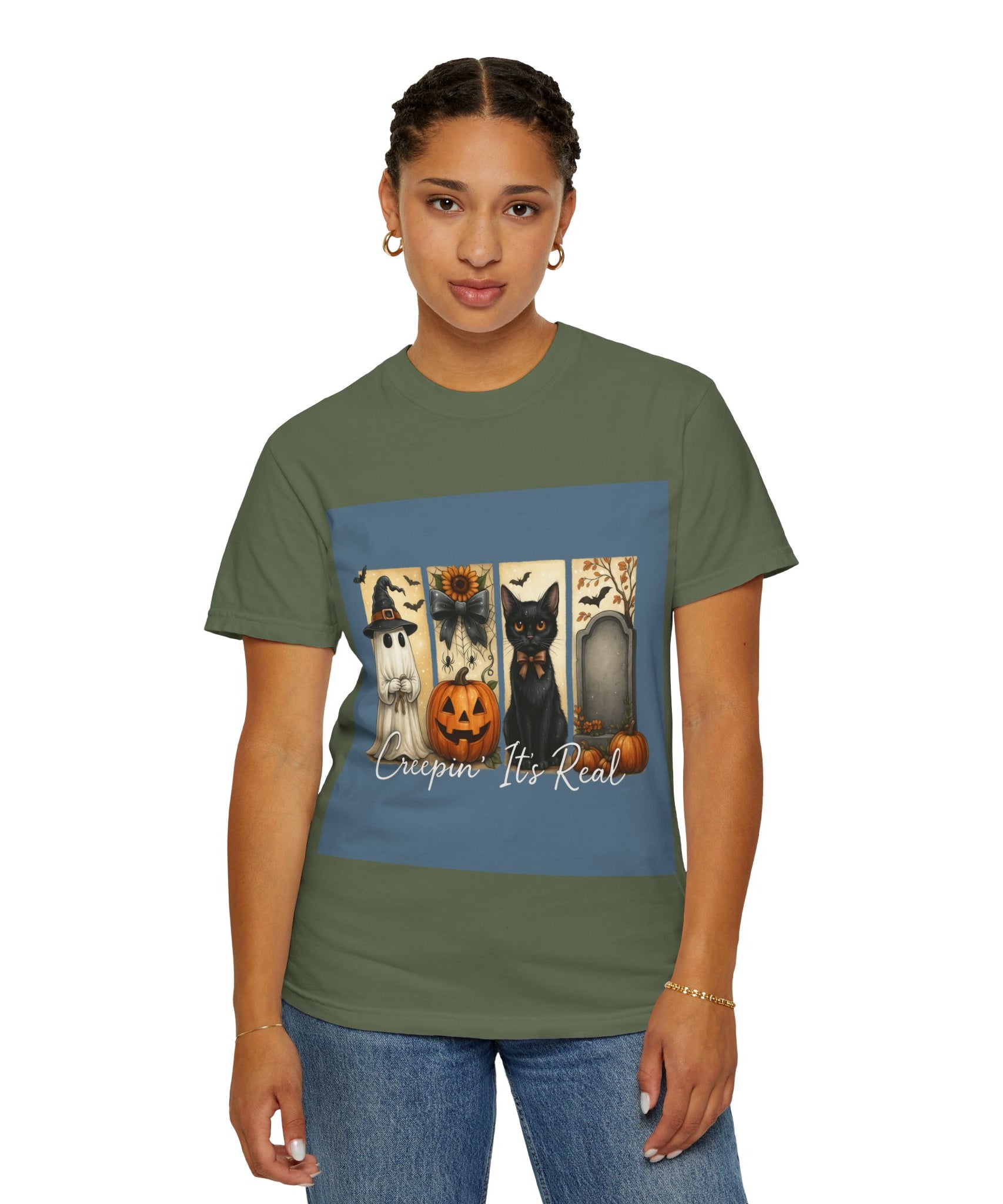 Creepin’ It’s Real Halloween T-Shirt – Cute Ghost, Pumpkin, Black Cat & Tombstone Design - Gallory Hive