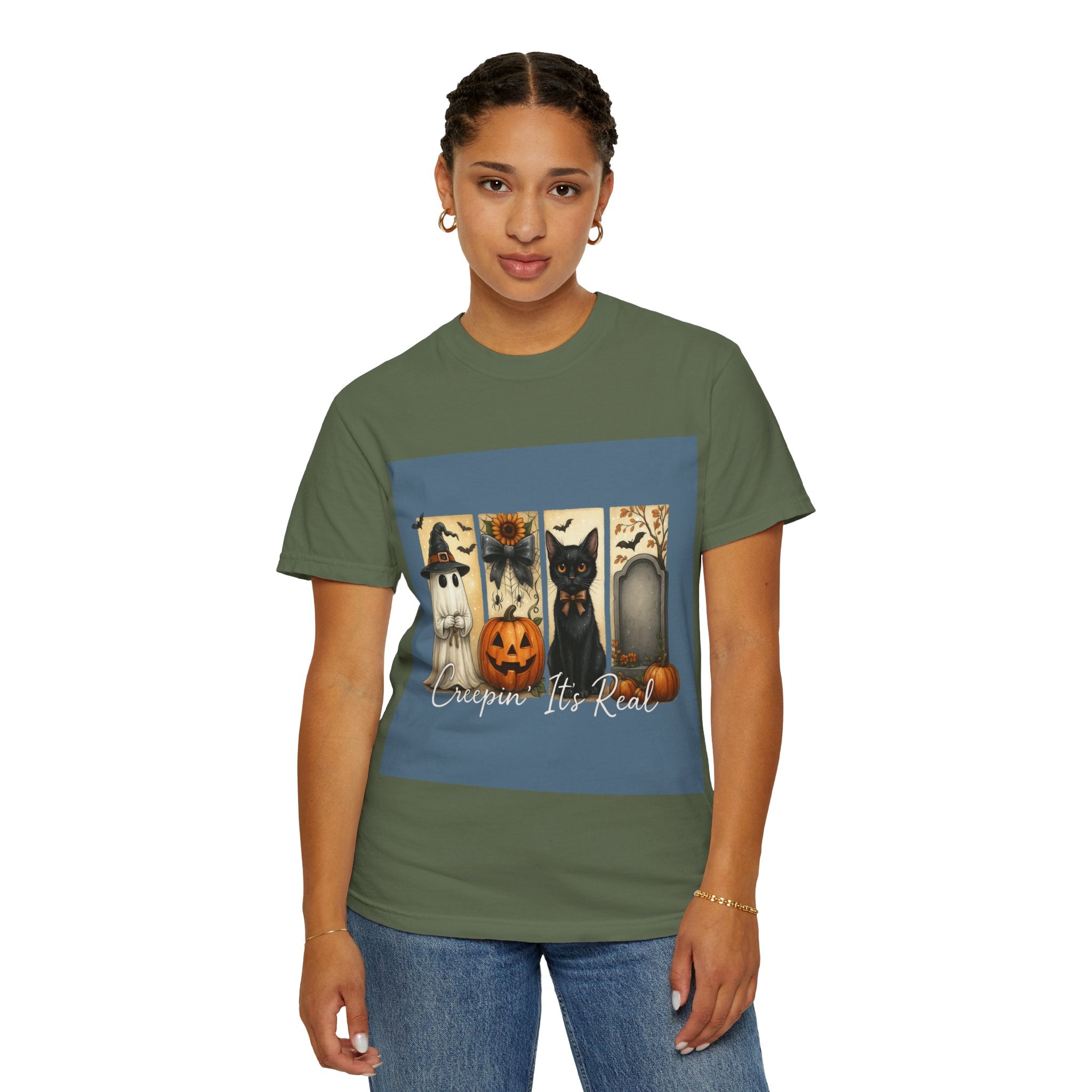 Creepin’ It’s Real Halloween T-Shirt – Cute Ghost, Pumpkin, Black Cat & Tombstone Design