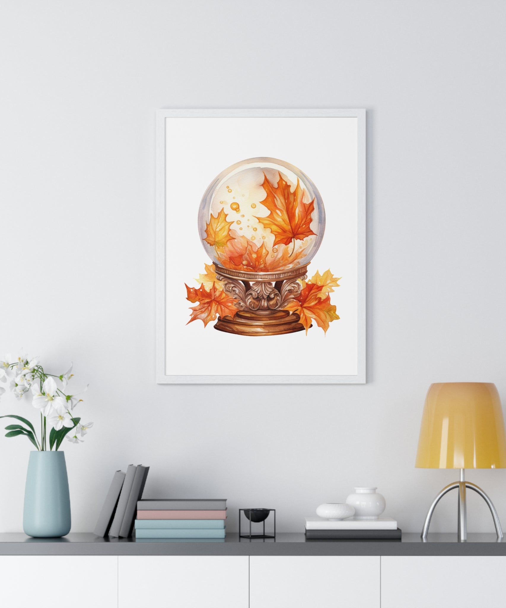 Floating Leaves Snow Globe Wall Art – Ornate Autumn Fantasy Poster | Wooden Frame Seasonal Home Decor