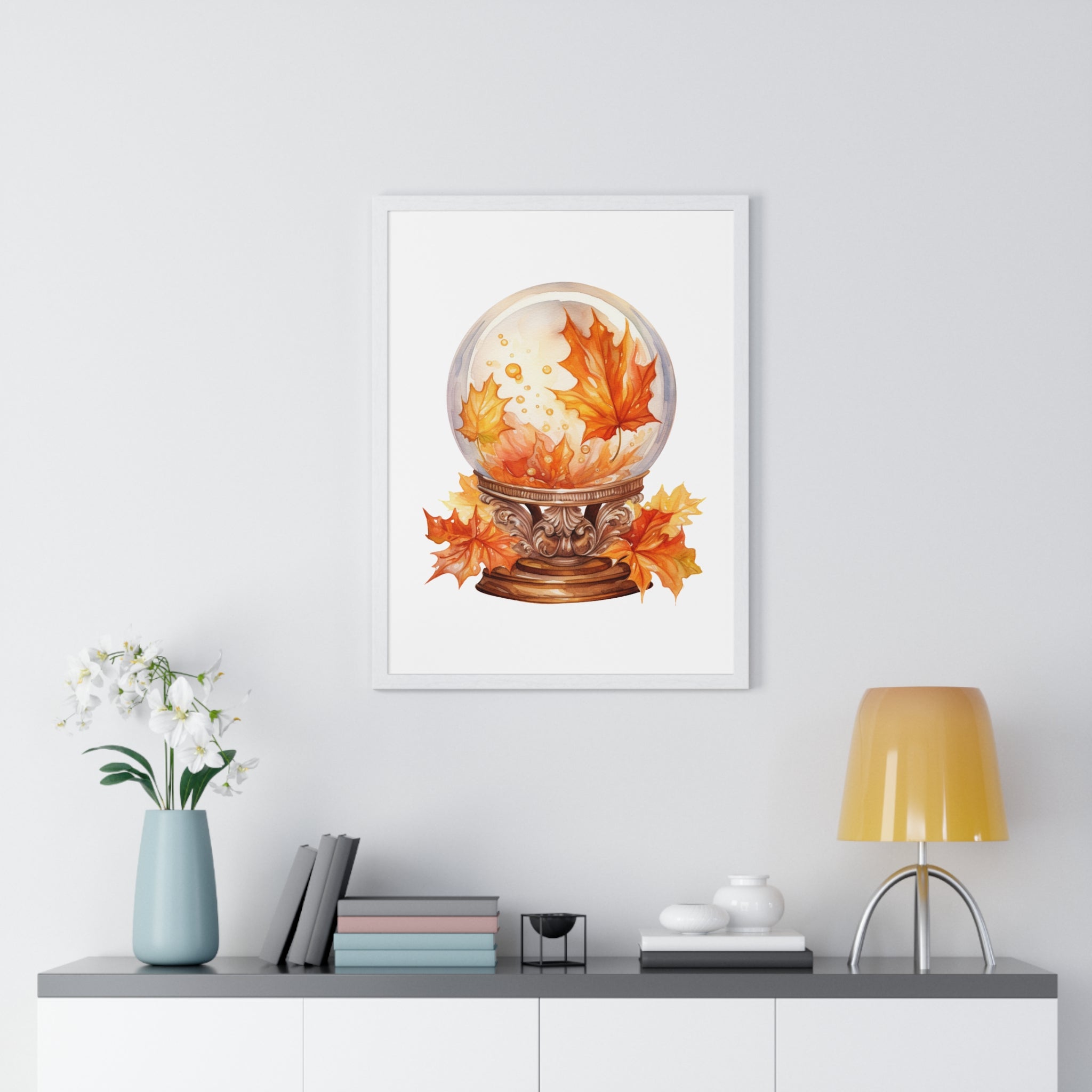 Floating Leaves Snow Globe Wall Art – Ornate Autumn Fantasy Poster | Wooden Frame Seasonal Home Decor