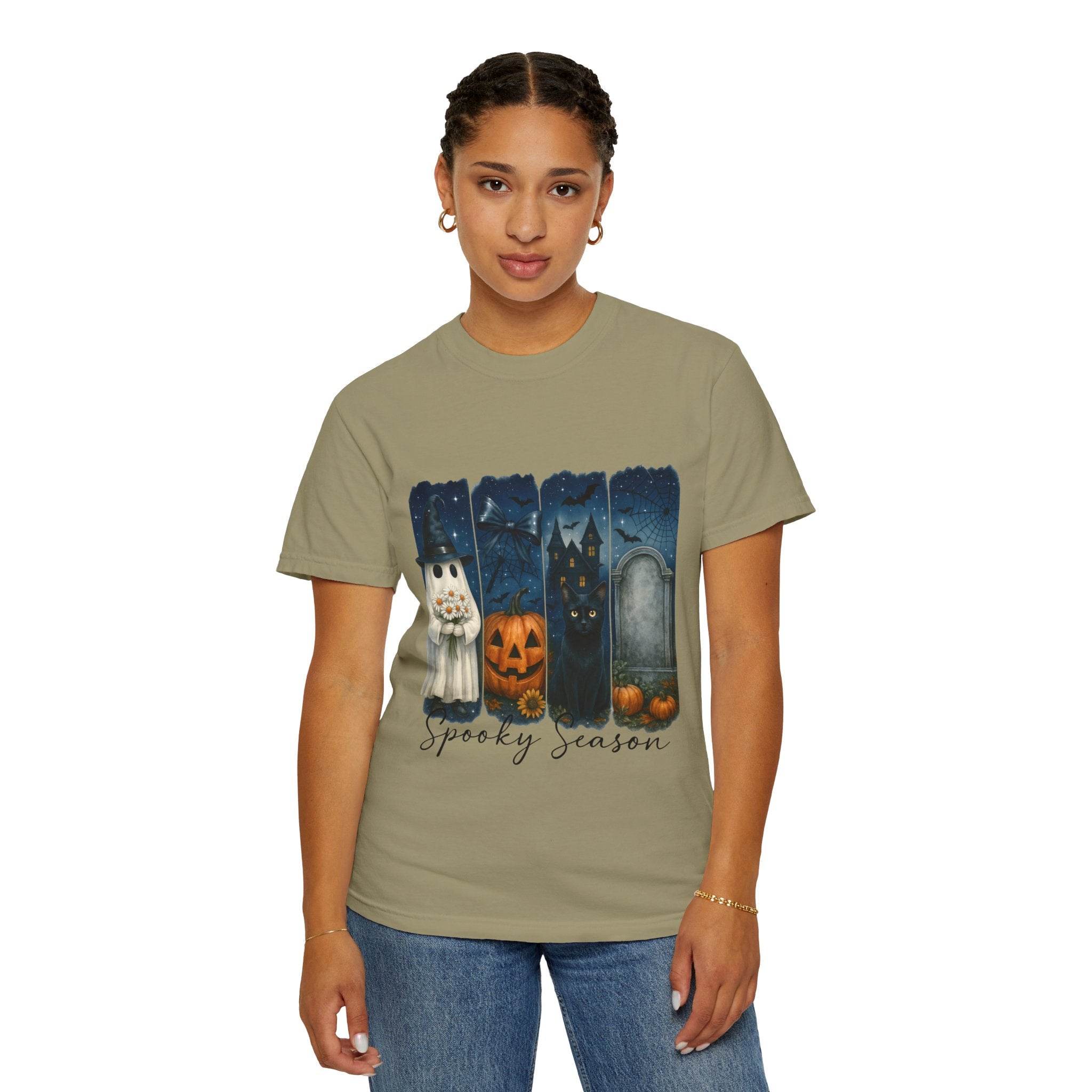 Spooky Season Halloween T-Shirt – Ghost, Black Cat, Pumpkin & Haunted House Design