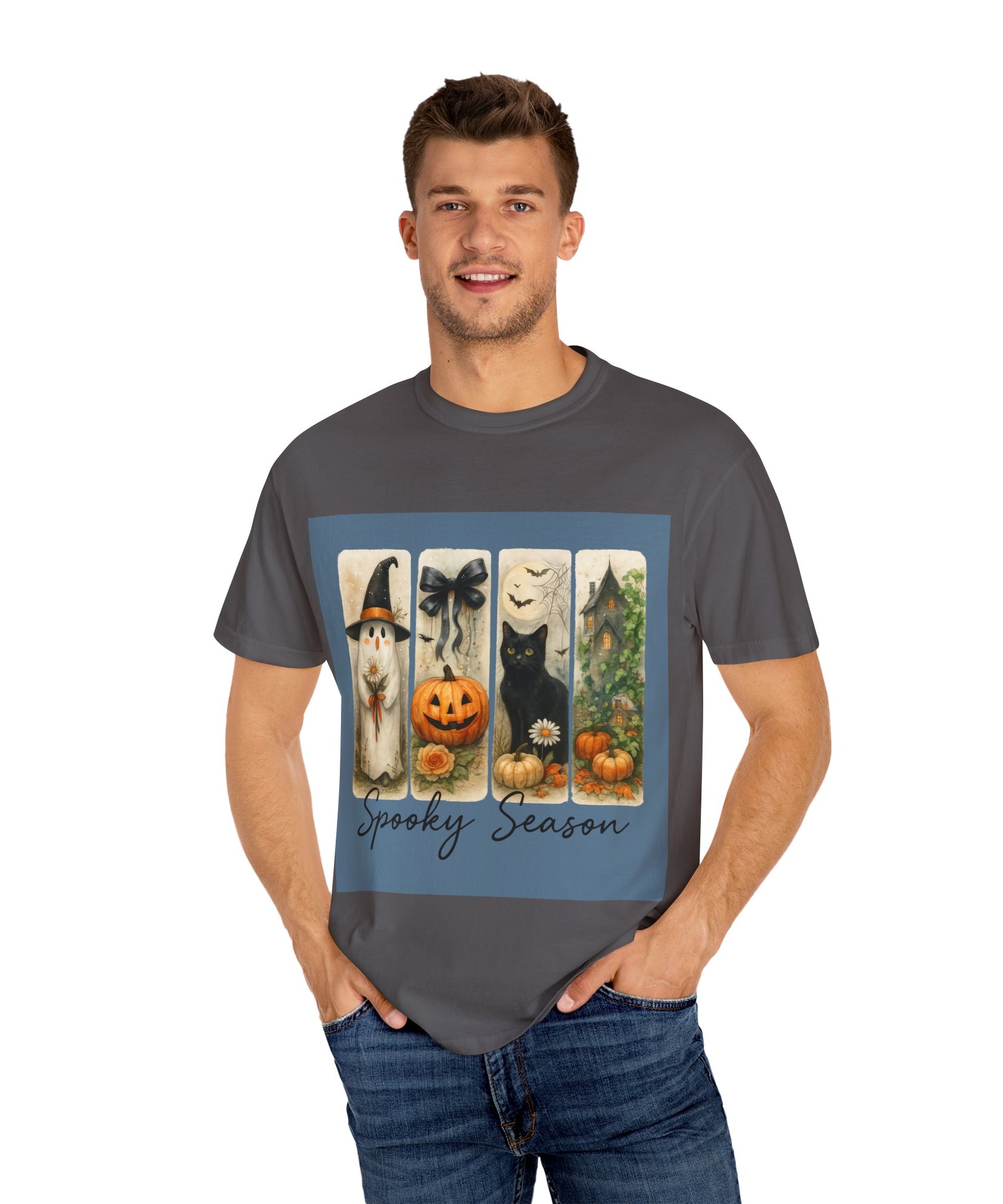 Vintage Halloween Unisex T-Shirt – Cute Ghost, Black Cat, Pumpkin & Haunted House Art - Gallory Hive
