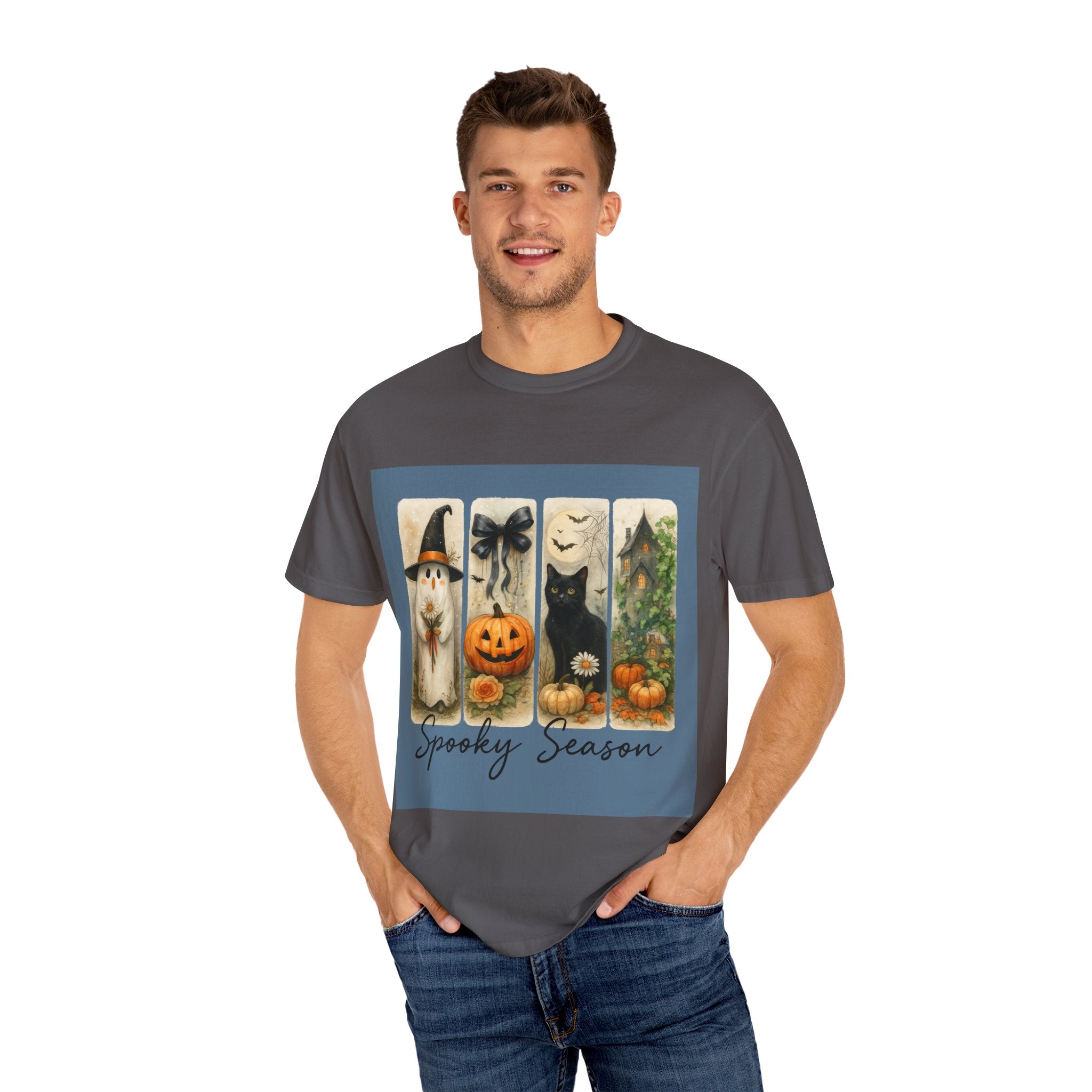 Vintage Halloween Unisex T-Shirt – Cute Ghost, Black Cat, Pumpkin & Haunted House Art
