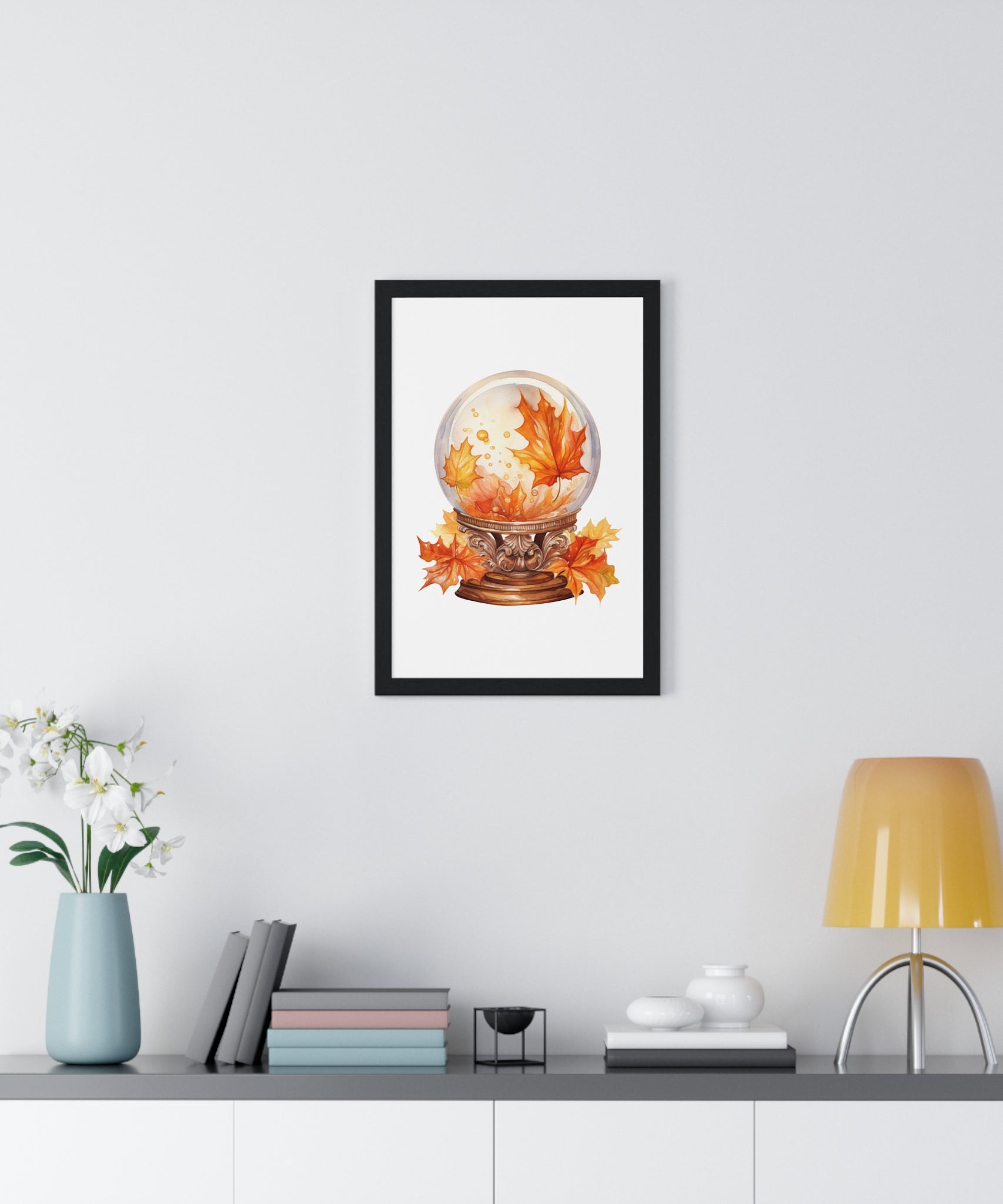 Floating Leaves Snow Globe Wall Art – Ornate Autumn Fantasy Poster | Wooden Frame Seasonal Home Decor