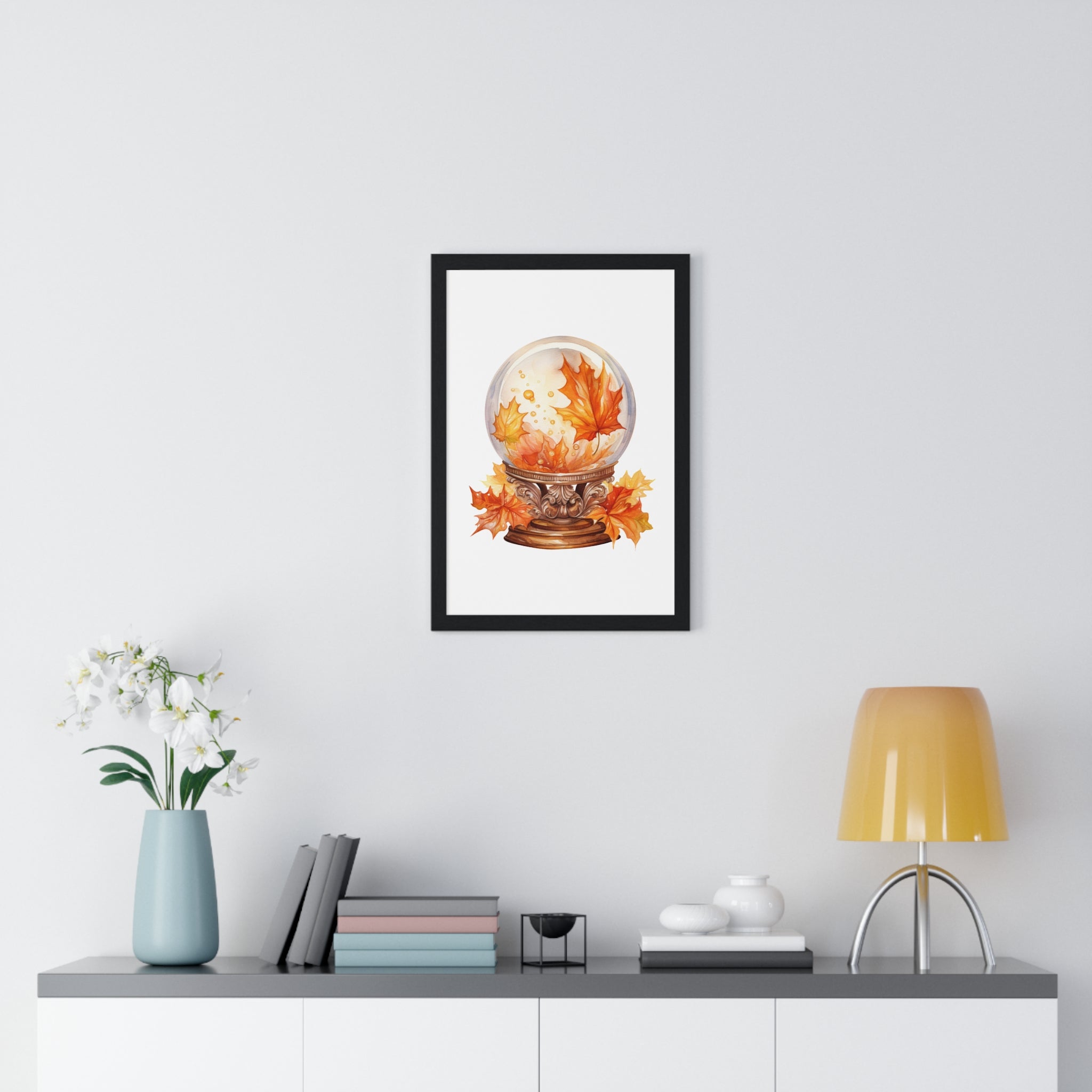 Floating Leaves Snow Globe Wall Art – Ornate Autumn Fantasy Poster | Wooden Frame Seasonal Home Decor
