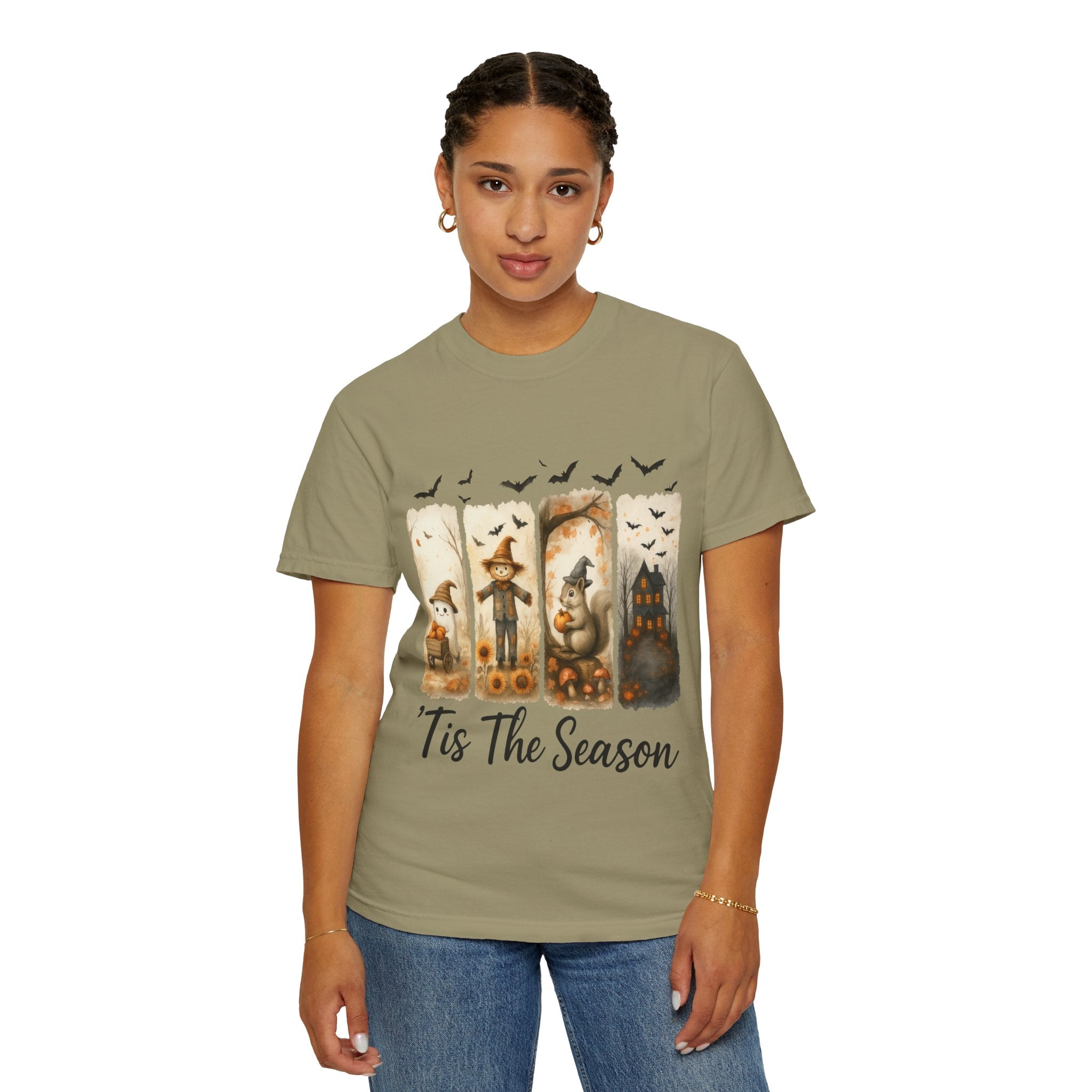 Tis The Season Fall Halloween T-Shirt – Cute Ghost, Scarecrow, Squirrel & Haunted House Design