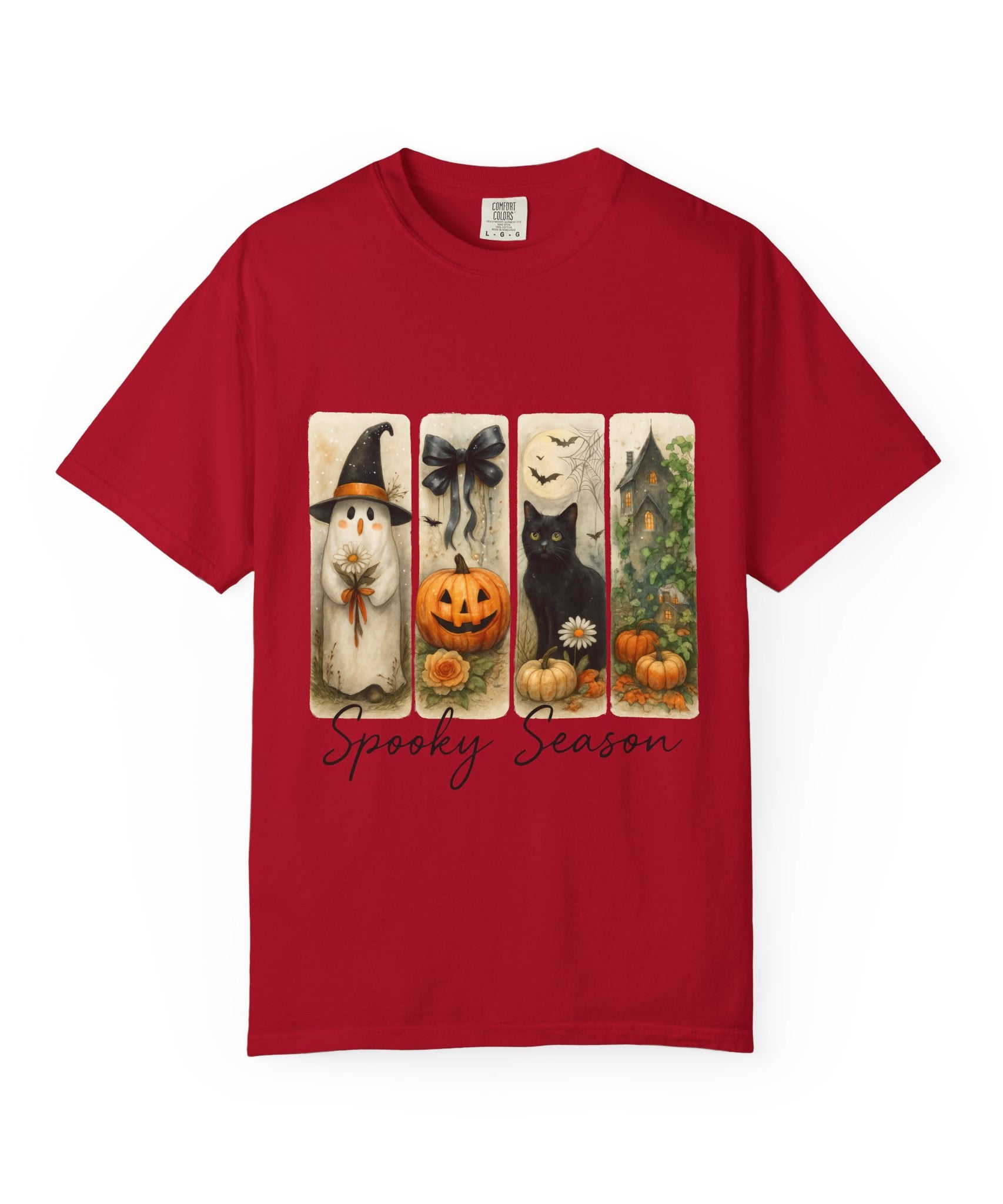 Vintage Halloween Unisex T-Shirt – Cute Ghost, Black Cat, Pumpkin & Haunted House Art - Gallory Hive